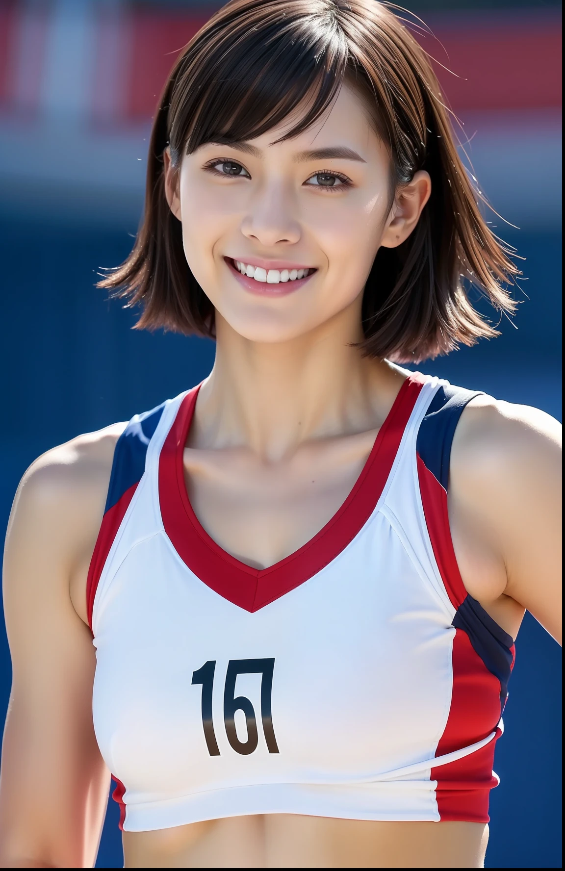 full bodyesbian)))、((Short-cut hairstyles))、Perfect style、beauty  legs、kawaii、((Track & Field Athletes Women))、japanese beauty  girl、(((1人)))、Competition uniforms、((stadium))、Transcendent cute、A slight  smil、Beautiful breasts、full bodyesbian