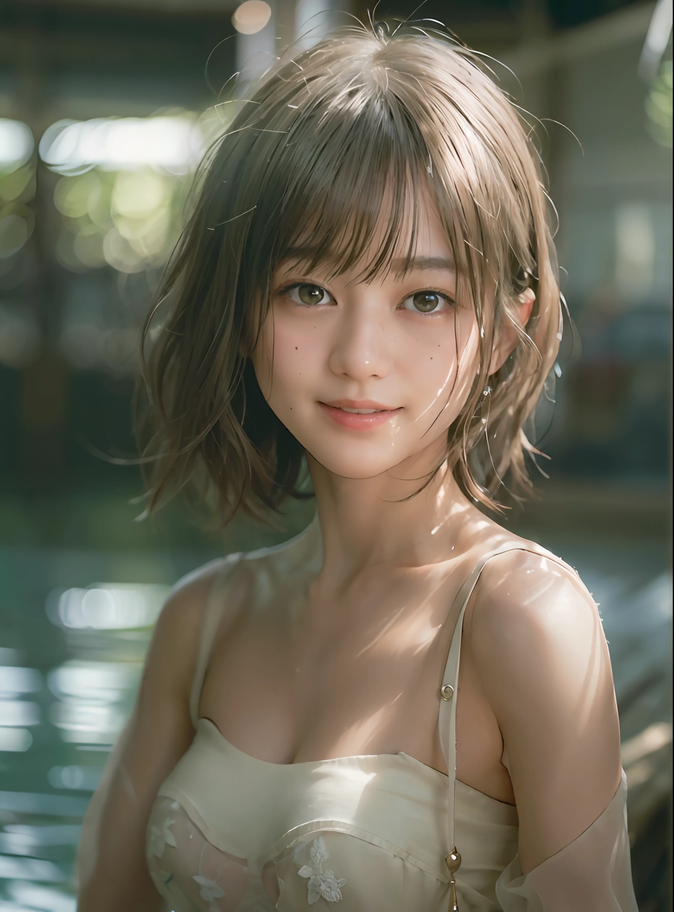 (1 girl, Teenage girl), (Top image quality), (超A high resolution, Photorealsitic), 8K, nffsw, cinematlic lighting, beautiful  lighting, Professional Writing, Physically Based Rendering, photon maping, (A face with attention to detail, Face Highlights, slim body style, ((Upper body naked, The best gravure style), white-skinned)), round and large chest, small areolas, chic, Her sexual characteristics(Sexual characteristics)), Bewitching eyes、seducting smile, grin,White teeth, Beige brown hair、Braided hair、Floating hair、Medium short hair、(perfect arms、perfect hand、Perfect fingers)、highlydetailed skin、realistic skin detail、Visible Pore、 ((Do not draw moles or scars from under the neck to the chest))、half - body shot, Look over your shoulder and sit down, 
(Particles of light、lensflare、Luminous particles:0.1)、
(Looking at the camera)、(portlate:0.6)、
(dynamicposes:1.2)、
Angle seen from above、Stylish atmosphere、
(Waterside by the lake, evening)、a gorgeous、Kneeling、
(Medium short hair)、
(Brown-beige hair: 1.5)、
s lips、lipsticks、seducting smile、A smile、(dent in the skin)、Long face、Big piercings、poneyTail、seductiv、embarrassed from、A sexy、