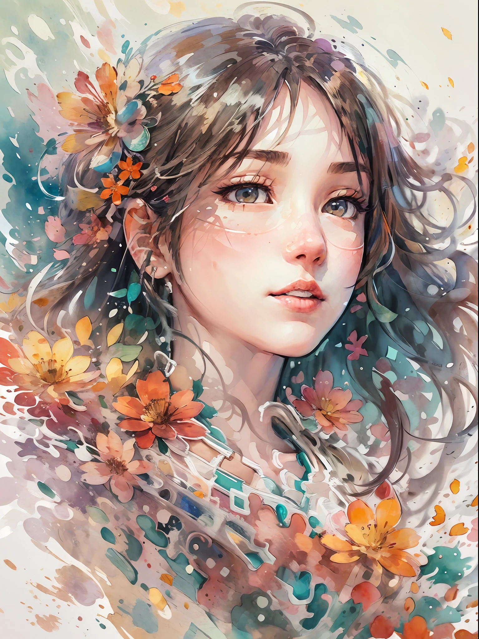 (masutepiece),best quality,Illustration,Art Nouveau,Sumi-e,Portrait,onry_1girl_Face,(White background:1.4),(the Extremely Detailed CG Unity 8K Wallpapers:1.1),(Colorful:0.8),,(Solo:1.2), (Ink splashing),(splashes of colour),((watercolor paiting)),flowers background,Outdoors,boulders,Soft smile,pure,(beautiful),Detailed and complex pattern,colorwater,(Face Focus),Looking at Viewer