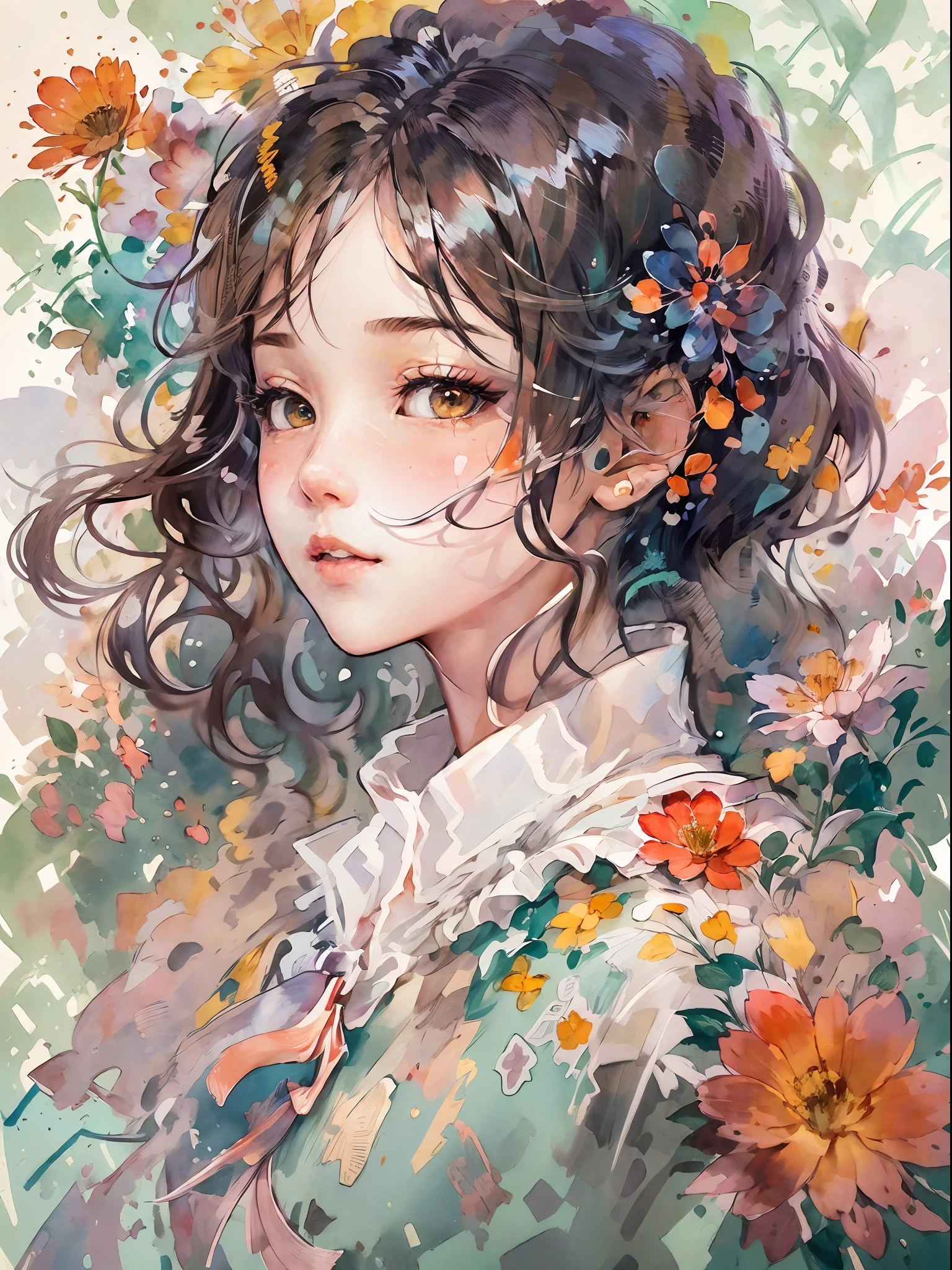 (masutepiece),best quality,Illustration,Art Nouveau,Sumi-e,Portrait,onry_1girl_Face,(White background:1.4),(the Extremely Detailed CG Unity 8K Wallpapers:1.1),(Colorful:0.8),,(Solo:1.2), (Ink splashing),(splashes of colour),((watercolor paiting)),flowers background,Outdoors,boulders,Soft smile,pure,(beautiful),Detailed and complex pattern,colorwater,(Face Focus),Looking at Viewer