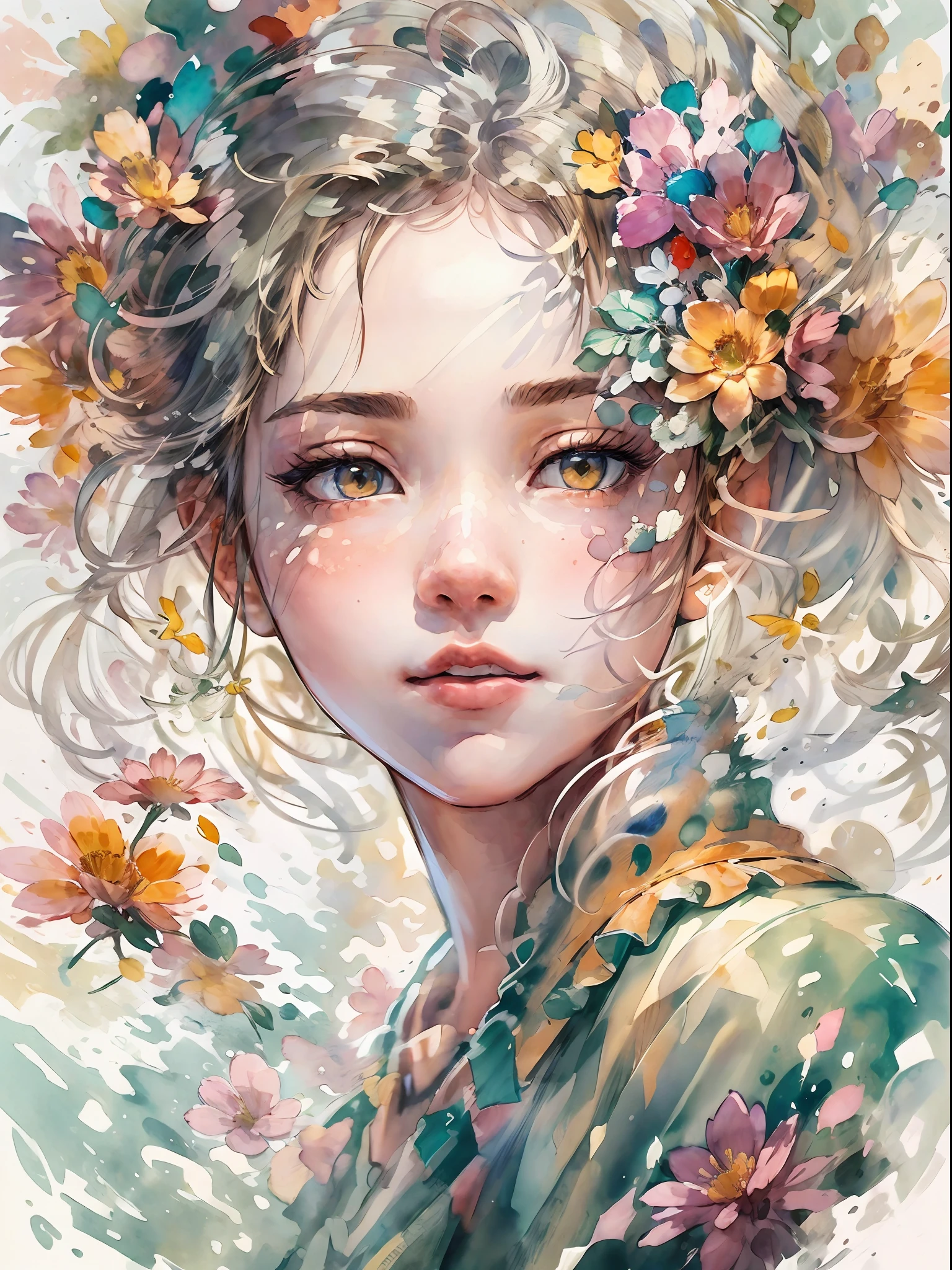 (masutepiece),best quality,Illustration,Art Nouveau,Sumi-e,Portrait,onry_1girl_Face,(White background:1.4),(the Extremely Detailed CG Unity 8K Wallpapers:1.1),(Colorful:0.8),,(Solo:1.2), (Ink splashing),(splashes of colour),((watercolor paiting)),flowers background,Outdoors,boulders,Soft smile,pure,(beautiful),Detailed and complex pattern,colorwater,(Face Focus),Looking at Viewer