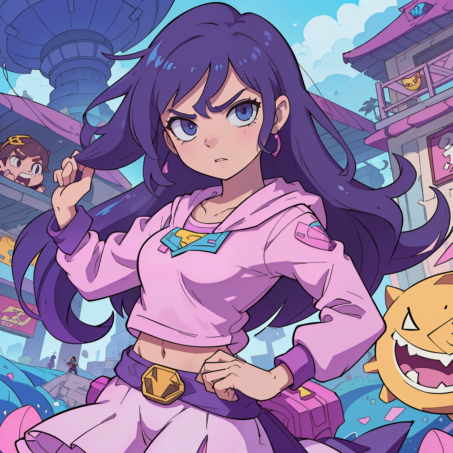 Une image de dessin animé d'une femme vêtue d'une robe rose avec un  pokémon sur son épaule - SeaArt AI