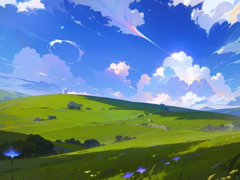 (Best quality),(masterpiece),(ultra detailed),(high detailed),(extremely detailed),Subject: Anime style arafed green field with a blue sky Dreamscapes
Medium: Digital illustration or traditional painting.
Resolution: 4000x2000 pixels.
Color Palette: Soft p...