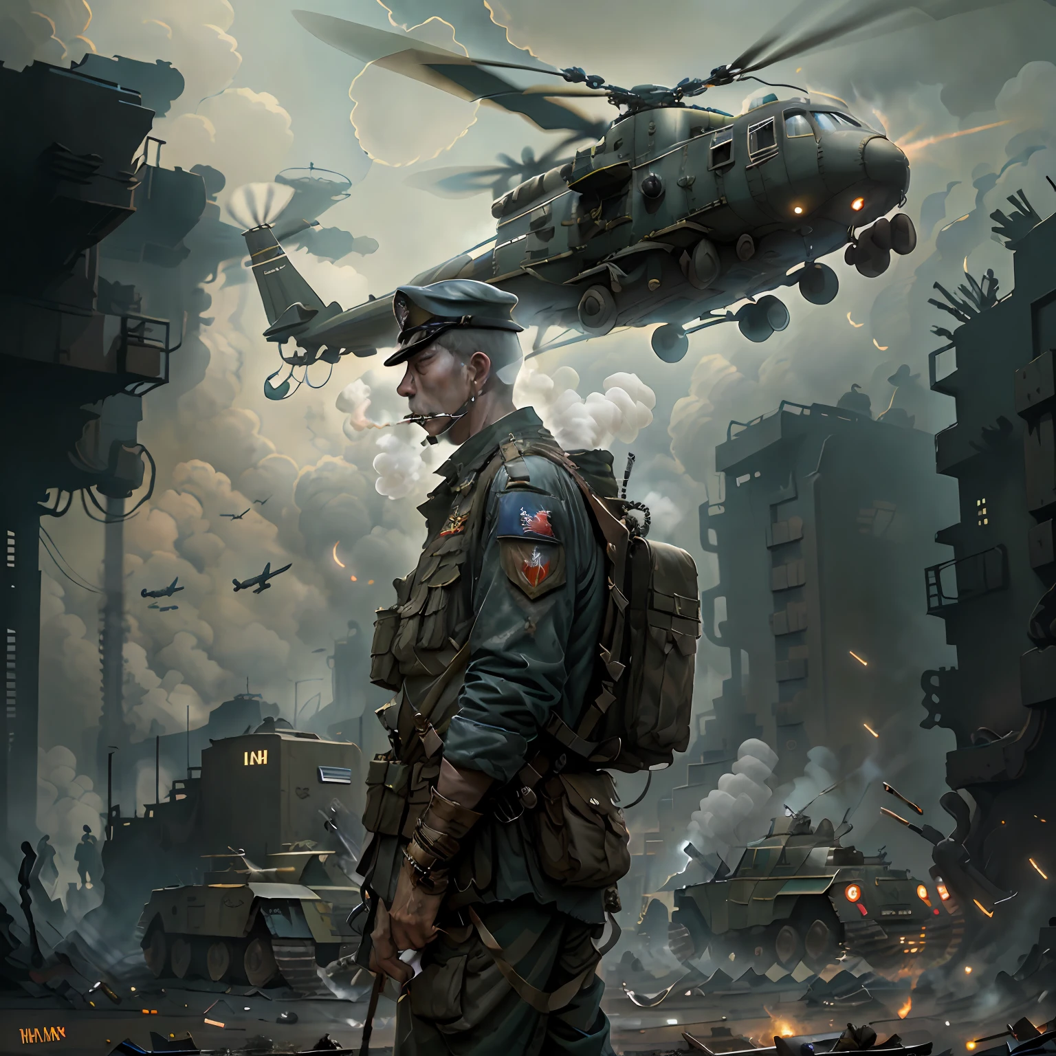 "TheOldShadowrunStyles, Солдат курит сигарету во вьетнамское десятилетие., с мрачной городской атмосферой и пролетающим на заднем плане военным вертолетом."