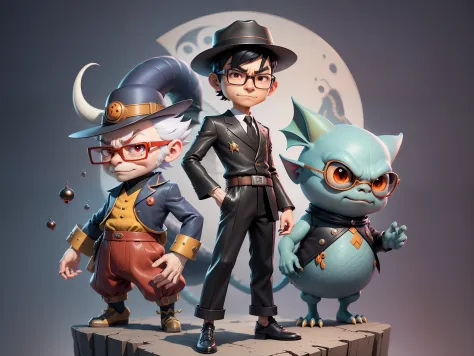 Young man with oriental face in leather hat, dragon, formal suit, short black hair, silver glasses, digital painting, 3D character design by Mark Clairedon and Pixar and Hayao Miyazaki and Akira Toriyama, the illustration is a high-definition illustration ...