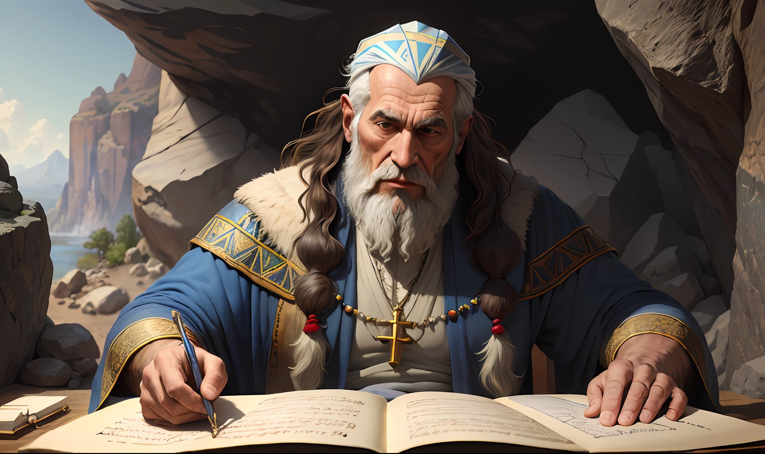 Ancient imangem, Jewish clothing, Jewish man, old Christian writing letters in a rocky cave with a lot of technology and extreme realism ((image representing the apostle John)) masterpiece, best quality, highres, (photorealistic: 1.4)
