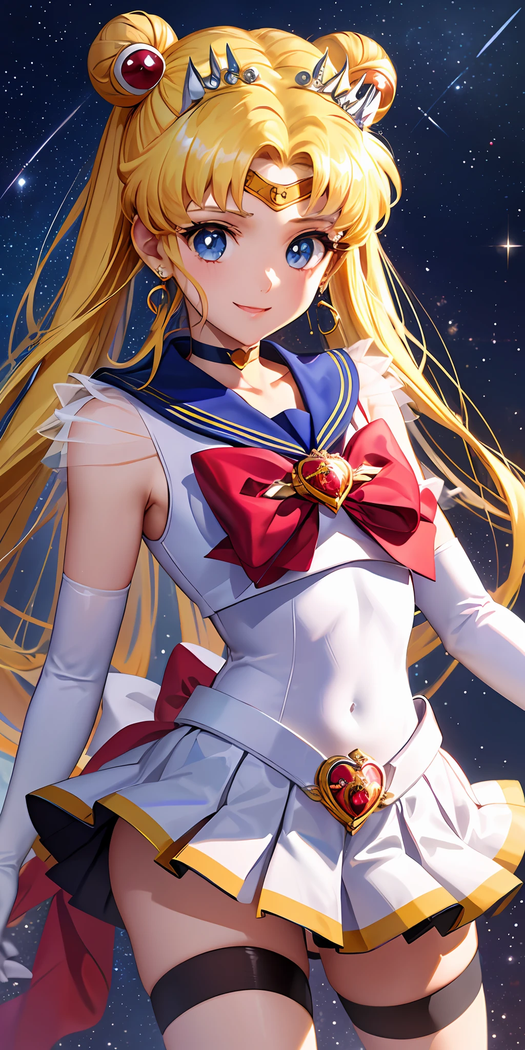Masterpiece, Best Quality, Hi-Res, Moon 1, 1 Girl, Solo, Sailor Senshi Uniform, Sailor Moon, Usagi Tsukino, Blonde, Magical Girl, Blue Eyes, White Panties, Red Scarf, Elbow Gloves, Tiara, Blue Skirt, Pleated Skirt, Mini Skirt, Choker, White Gloves, Jewelry, Earrings, Smile, Background Is Space (Excellent Detail, Excellent Lighting, Wide Angle), Show panties,