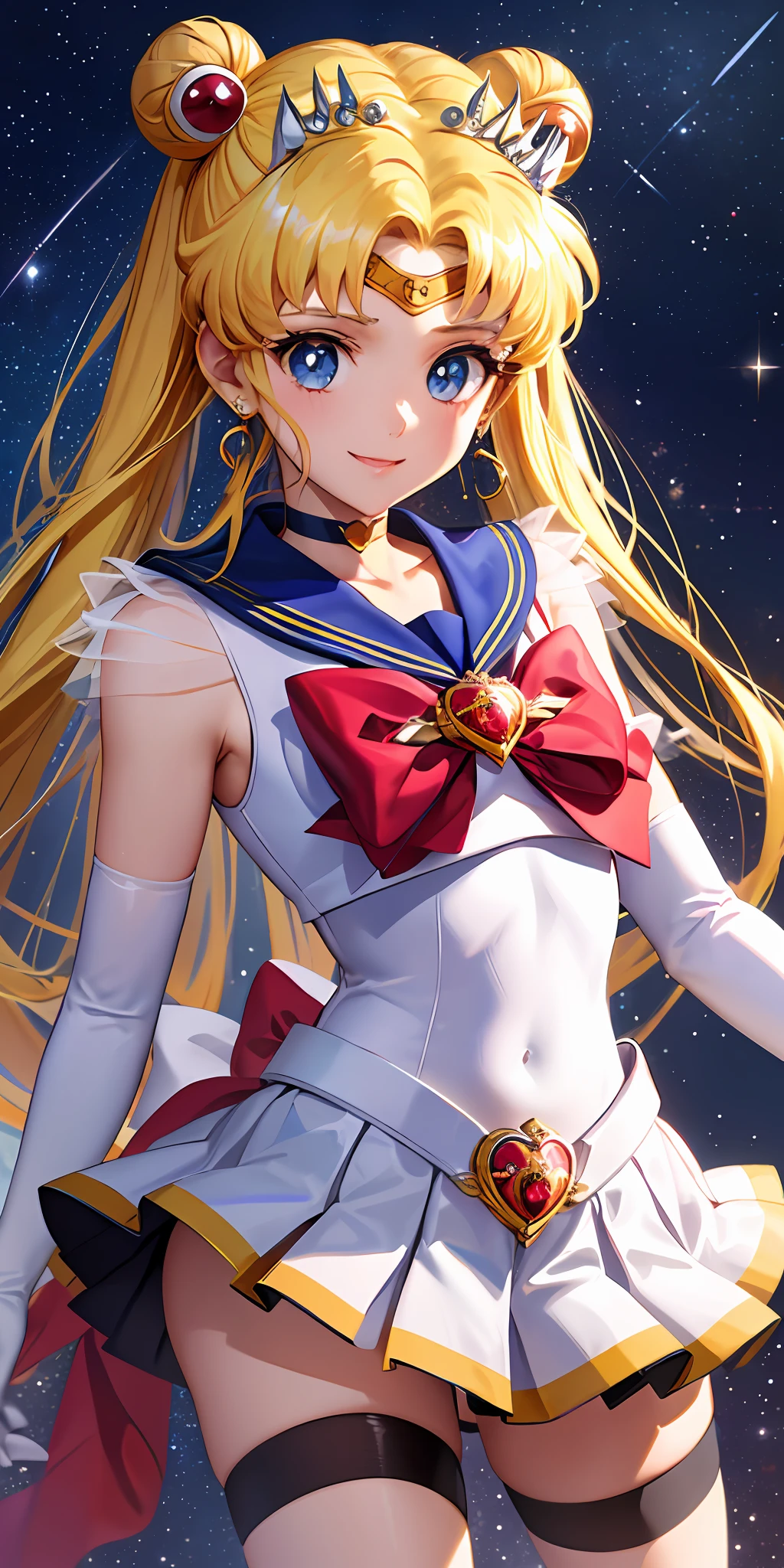 chef-d&#39;œuvre, meilleure qualité, Haute résolution, Lune 1, 1 fille, seulement, uniforme de marin senshi, Marin Lune, Usagi Tsukino, blond, Fille magique, yeux bleus, culotte blanche, écharpe rouge, gants de coude, tiare, jupe bleu, jupe plissée, mini jupe, foulard, gants blancs, bijoux, des boucles d&#39;oreilles, sourire, l&#39;arrière-plan est l&#39;espace (excellent détail, Excellent éclairage, grand angle), montrer des culottes,