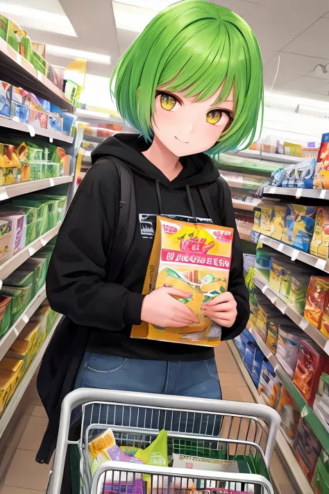 1girl, bright green hair, short hair, supermarket cashier, yellow eyes, masterpiece, best illustration, best manga