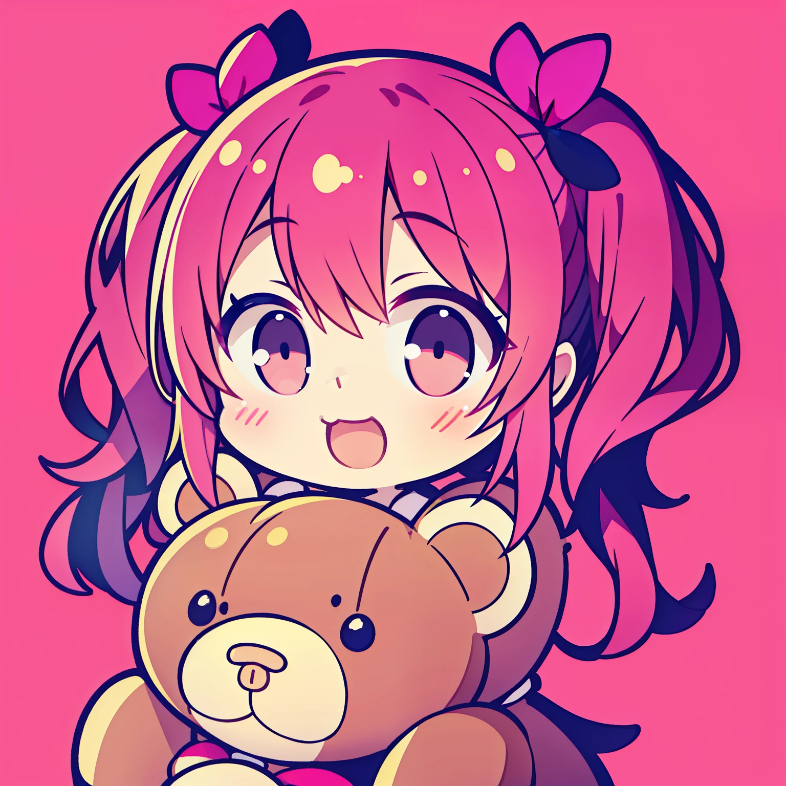 Sweet,adorable, cheerful, pigtails, lively, baby face, pink outfit,1 head to body ratio, hugging teddy bear,simple background