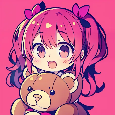 Sweet,adorable, cheerful, pigtails, lively, baby face, pink outfit,1 head to body ratio, hugging teddy bear,simple background