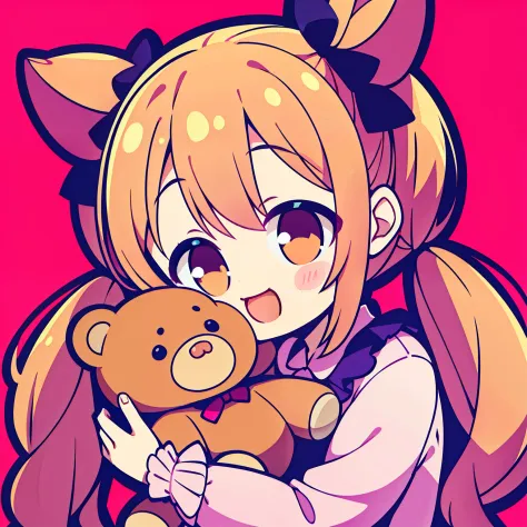Sweet,adorable, cheerful, pigtails, lively, baby face, pink outfit,1 head to body ratio, hugging teddy bear,simple background