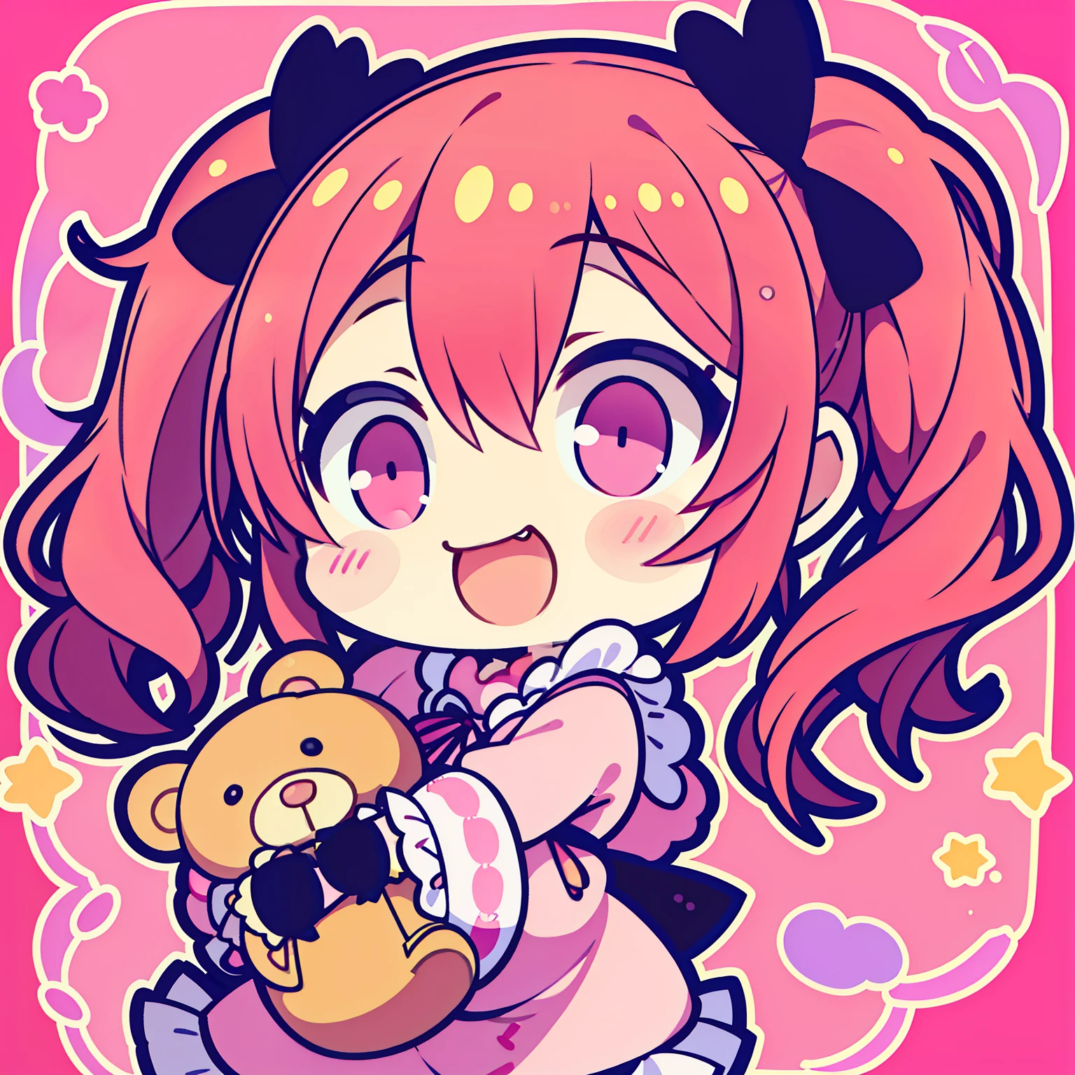 Sweet,adorable, cheerful, pigtails, lively, baby face, pink outfit,1 head to body ratio, hugging teddy bear,manga style