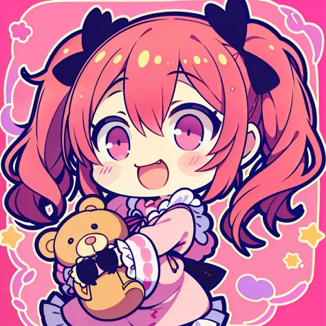 Sweet,adorable, cheerful, pigtails, lively, baby face, pink outfit,1 head to body ratio, hugging teddy bear,manga style