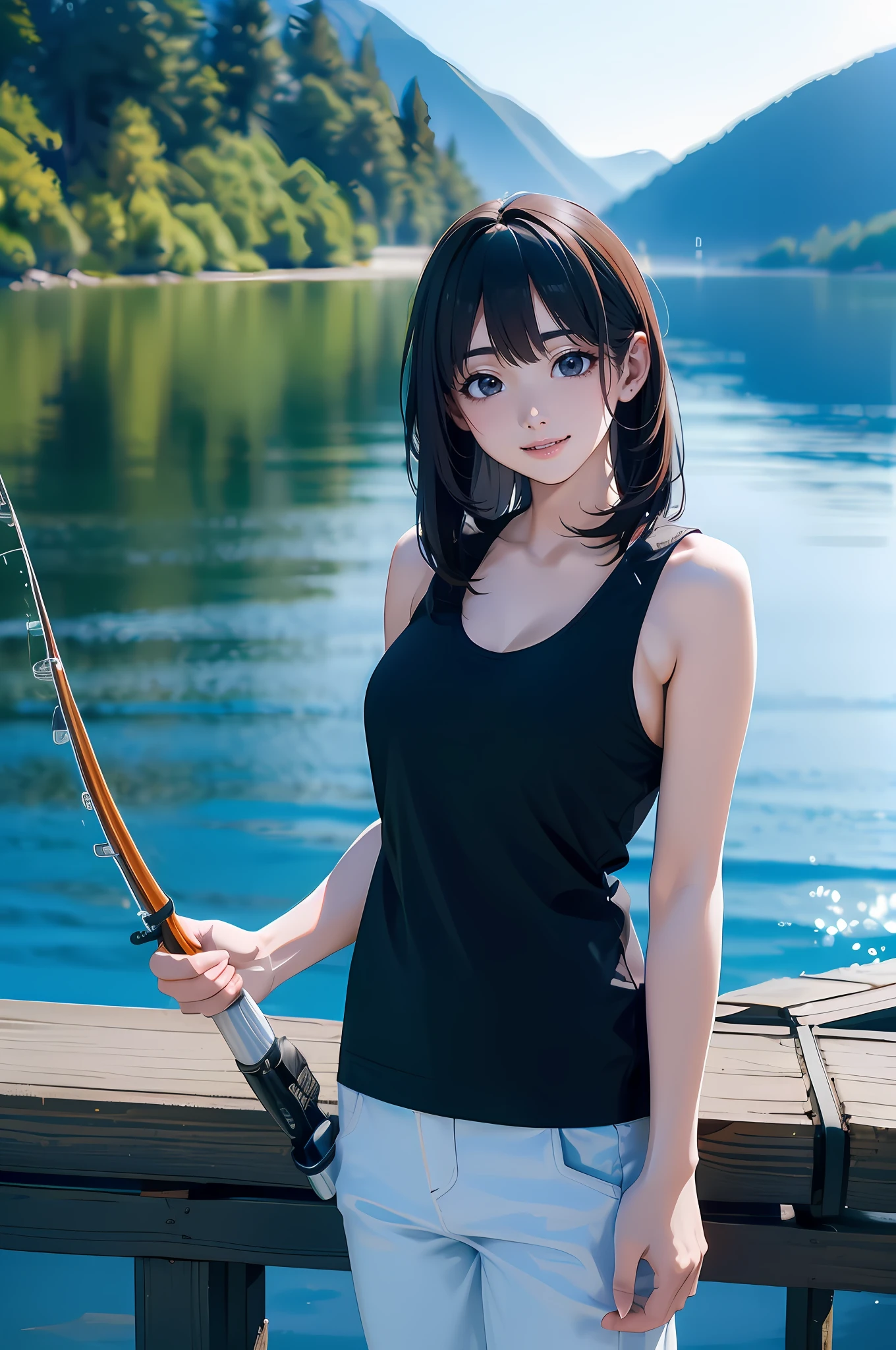 (((Having a fishing rod by the lake))),((Best quality, 8k, Masterpiece :1.3))black hair, longeyelashes, solid circle eyes, light smile, drop shadow, atmospheric perspective, 8k, super detail, ccurate, best quality, middle breasts,black jacket, Black Tank Top ,white_pants,