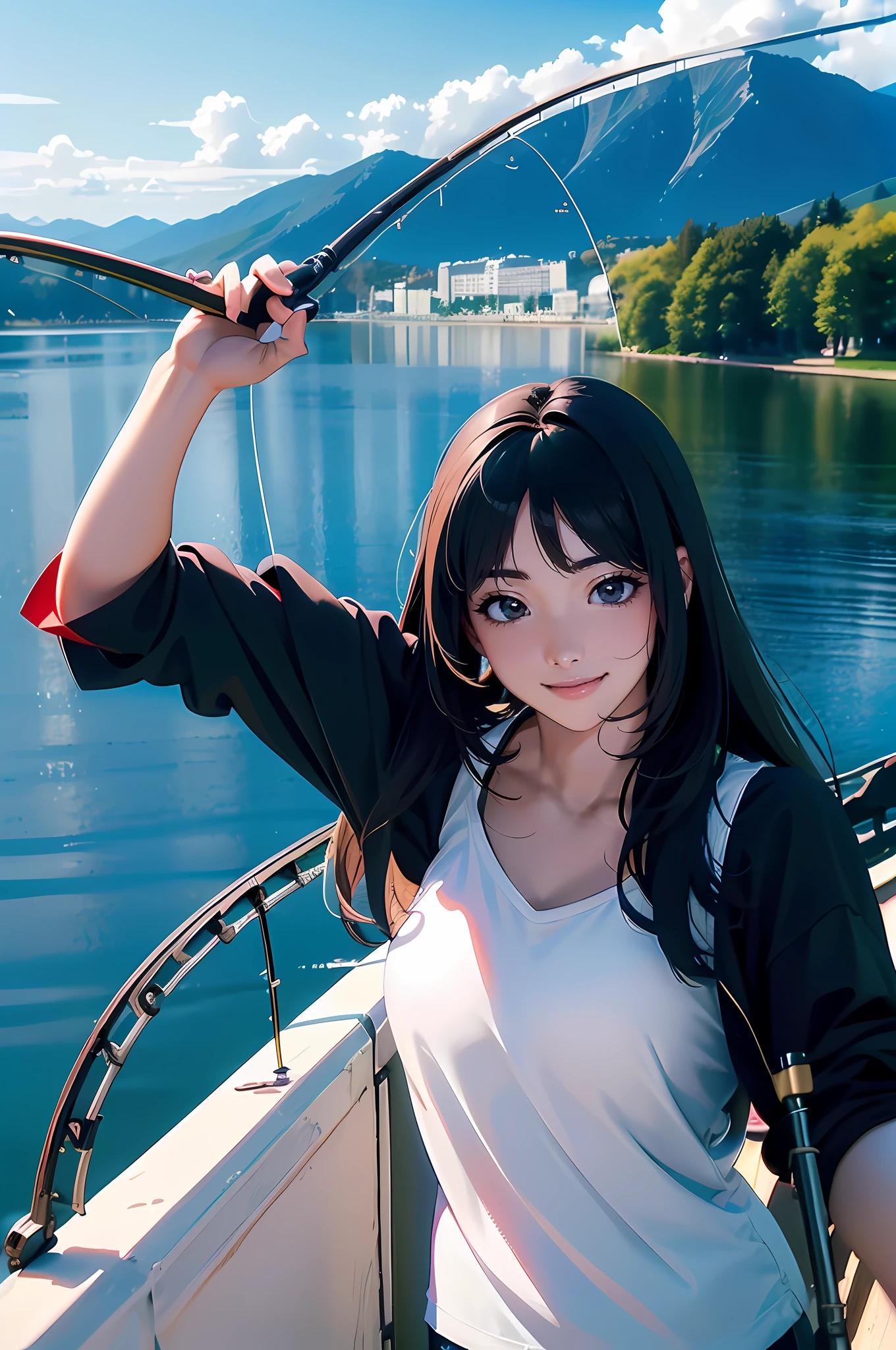 (((Having a fishing rod by the lake))),((Best quality, 8k, Masterpiece :1.3))black hair, longeyelashes, solid circle eyes, light smile, drop shadow, atmospheric perspective, 8k, super detail, ccurate, best quality, middle breasts,black jacket, Black Tank Top ,white_pants,