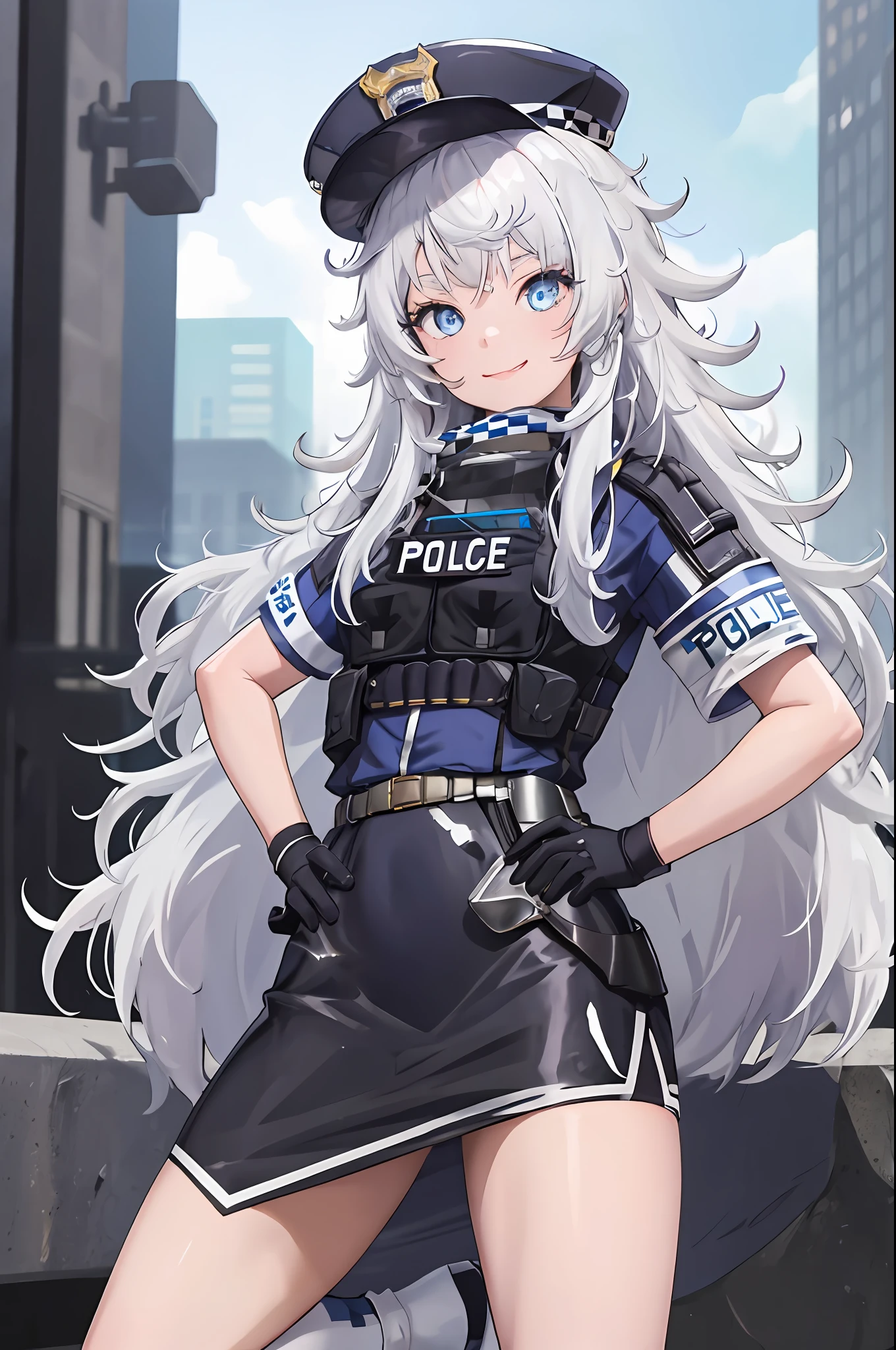 mesa, mejor calidad, alta resolución, 1 chica en, Solo, pelo largo, tiene, Blue eyes, pelo blanco, cabello desordenado, guantes negros, calcetines blancos, uniforme de policia, Falda negra, mangas cortas, tiro de vaquero, sonríe, poner las manos en la cadera,