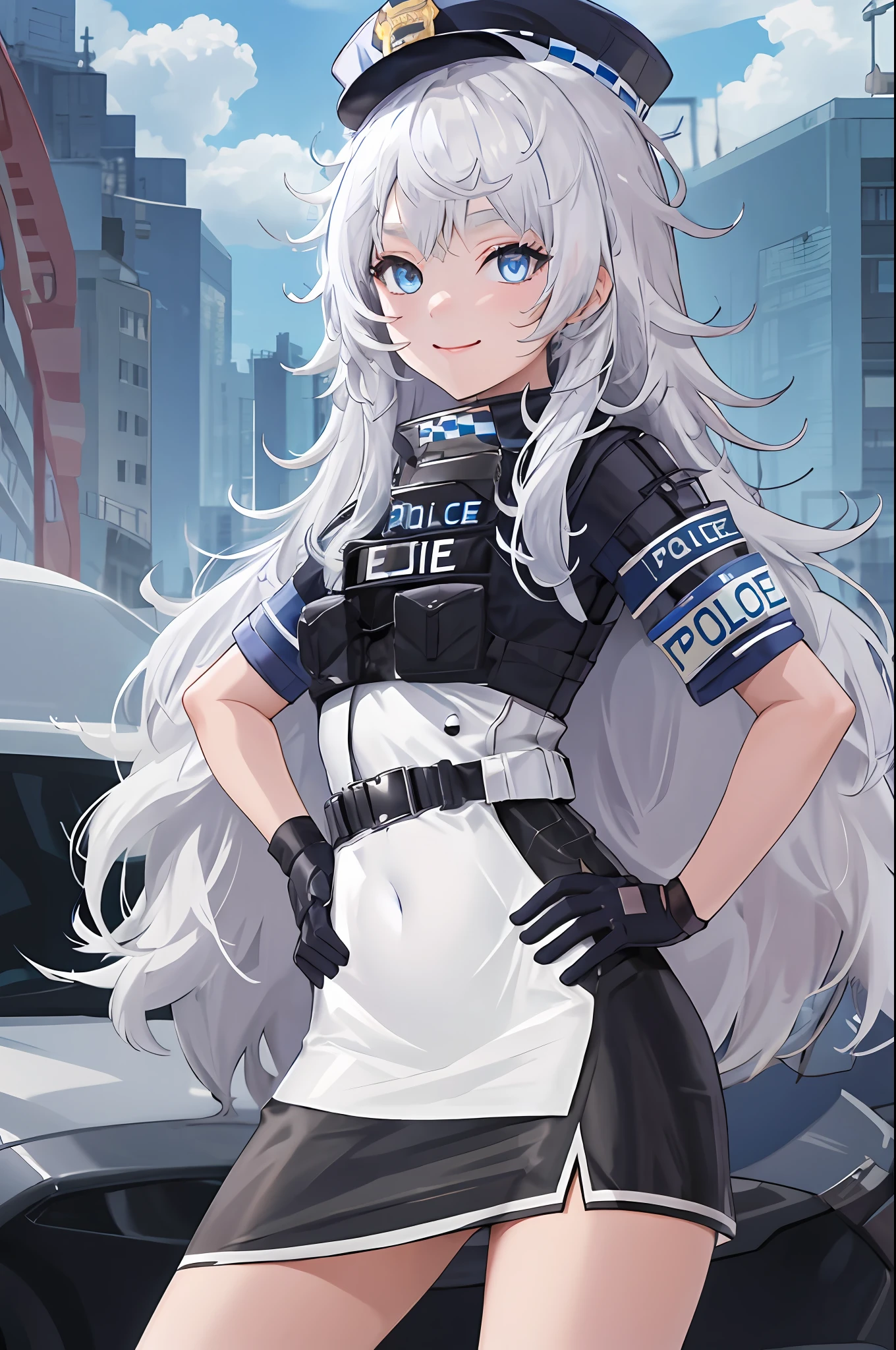 masutepiece, Best Quality, hight resolution, 1girl in, Solo, Long hair, hat, Blue eyes, White hair, hair messy, Black Gloves, White socks, Police Uniform, Black skirt, Short sleeves, Cowboy Shot, ssmile, put hands on the hip,