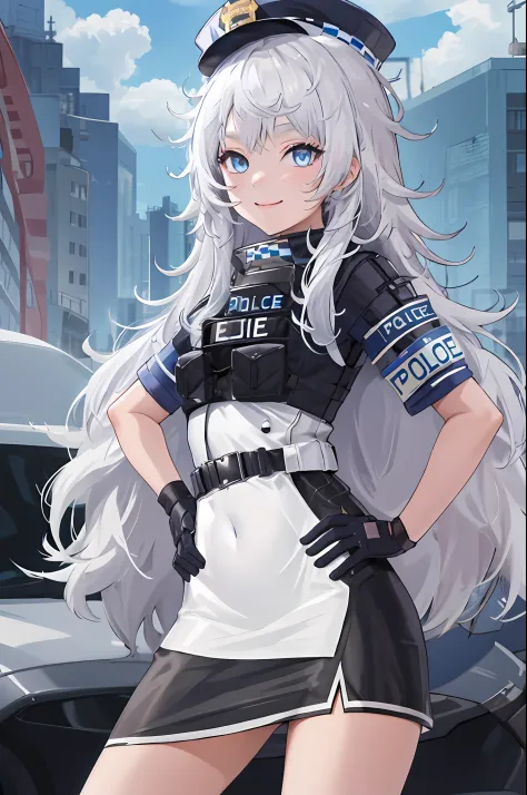 masutepiece, Best Quality, hight resolution, 1girl in, Solo, Long hair, hat, Blue eyes, White hair, hair messy, Black Gloves, Wh...