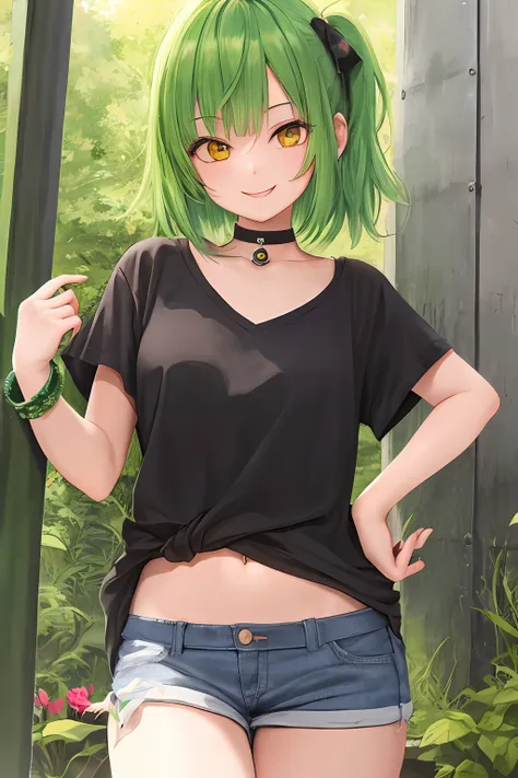 1girl, bright green hair, long disconnected choppy bob hair, yellow eyes, masterpiece, best illustration, best manga, cute, smil...