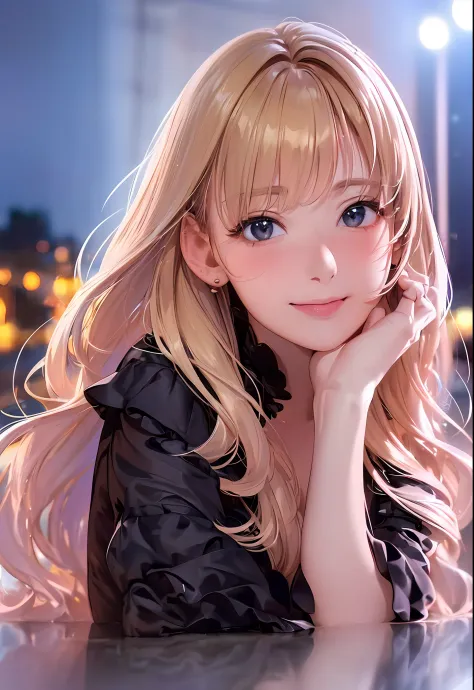 (8K, Best Quality, masutepiece:1.2), (Realistic, Photorealsitic:1.37), Ultra-detailed, 1 girl,Cute, Solo,Midnight,Beautiful detailed sky,Detailed Cafe,Sitting,Dating,(nose blush),(Smile:1.15),(Closed mouth) Small breasts,Beautiful detailed eyes,Floating Ha...