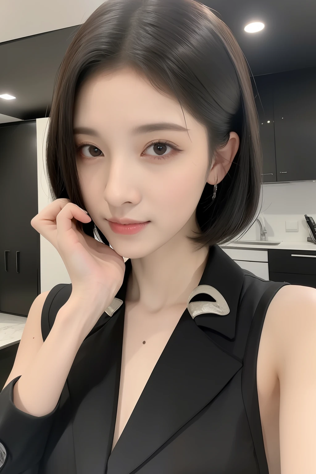 (8k, RAW photo, best quality, mastery:1.2), (realistic, photo-realistic:1.37),(Kpop idol), (aegyo sal:1),cute,professional lighting, photon mapping, radiosity, physically-based rendering , cosplay, lucy \(cyberpunk\), bob cut, mechanical parts, grey eyes, black tight suit, cyberpunk city, black pants, night, neon lights, sexy, smoke, looking at viewer,, 8k 高分辨率, 8k, CG壁纸, 现实, 清晰的背景, 中等乳房, 全身