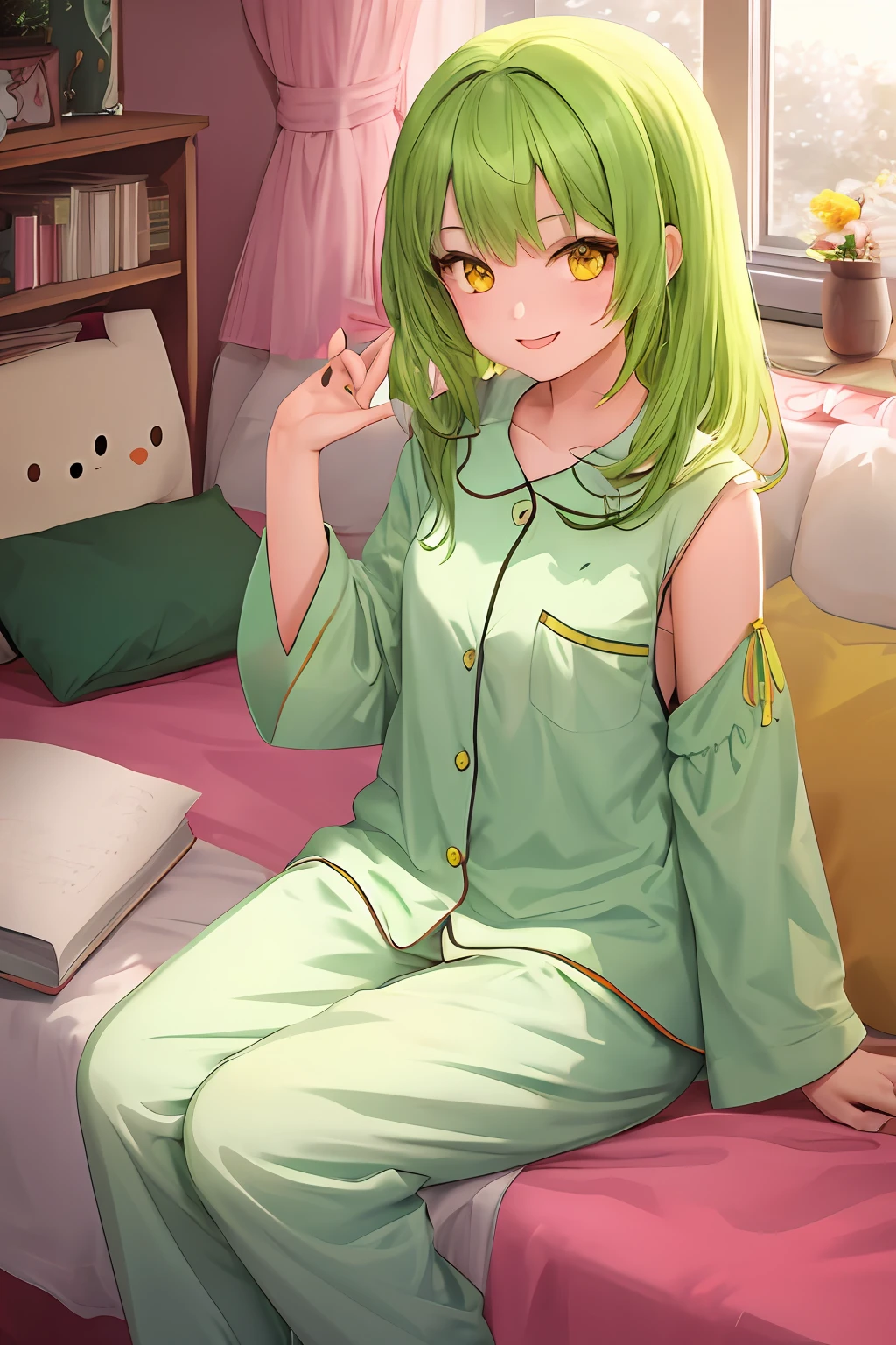 1girl, bright green hair, shoulder length hair, white pajamas, yellow eyes, masterpiece, best illustration, best manga, cute, smile