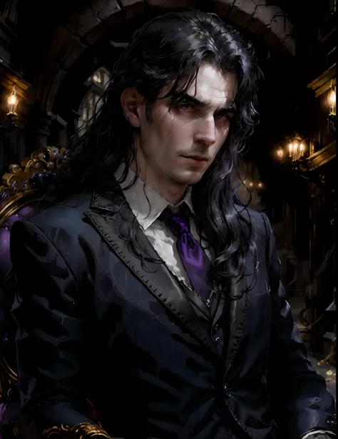 masterpiece, highest quality, (solo focus), (perfect face:1.1), (high detail:1.1),dramatic, (1guy), (pale skin), long black hair...