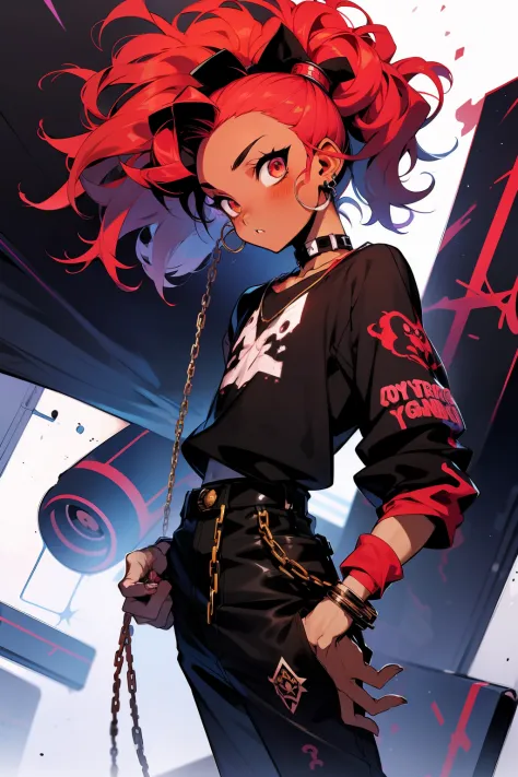 anime, illustrate, boy, anime styled, character design, 2d, y2k, grunge, cyber, red hair, emo, tan, dark skin, emo, chains, black, ponytails, boy, edgy