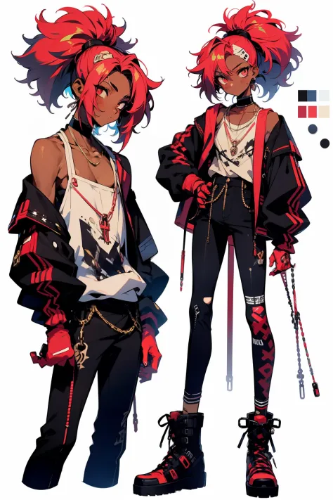 anime, illustrate, boy, anime styled, character design, 2d, y2k, grunge, cyber, red hair, emo, tan, dark skin, emo, chains, black, ponytails, boy, edgy, masculine, masc