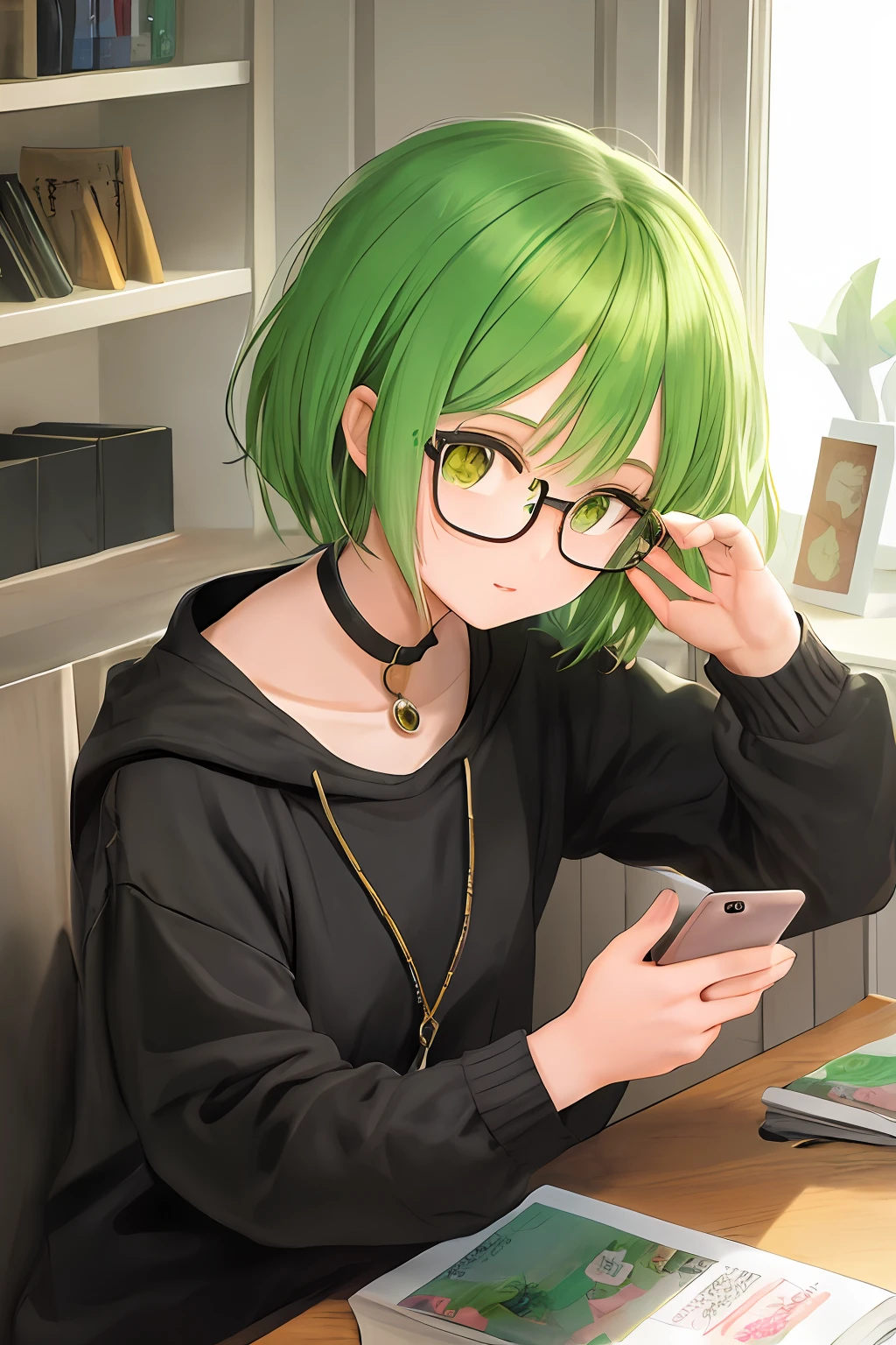 1girl, bright green hair, short hair, yellow eyes, masterpiece, best illustration, best manga, cute, eyeglass, bring hand phone