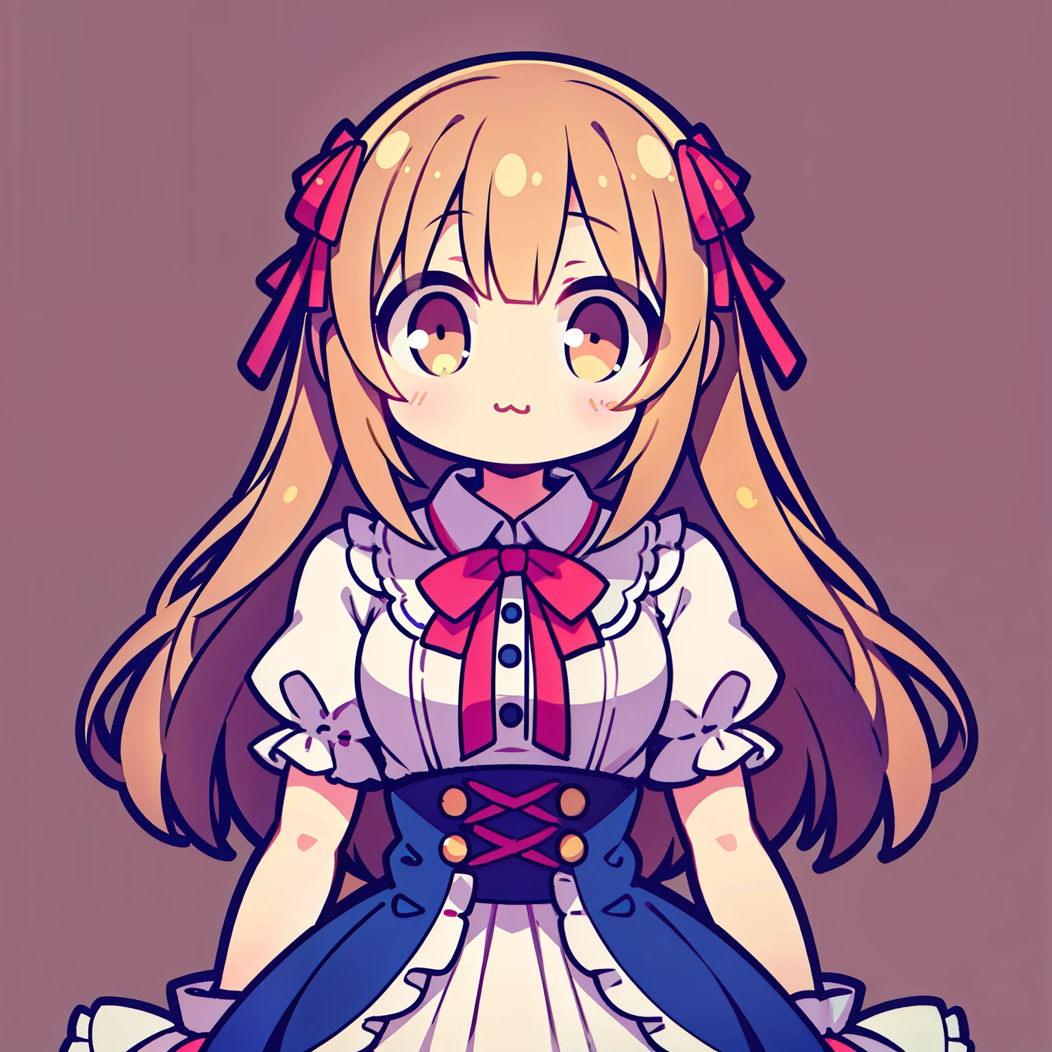 Cute,kawaii,innocent,bright eyes,rosy cheeks, ribbons, frilly dress,1 head body ratio, youthful, plain background