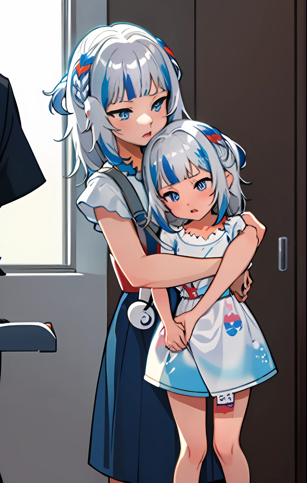 best quality, masterpiece,  
, short hair, Putih hair, bleu eyes, tachibana hibiki , energetic girl, young girl, (petite girl),
hospital bed, (hospital_gown), happy, hugging, holding infant, oyako, mother and daughter, family,  half-closed eyes, lactation, , open mouth,