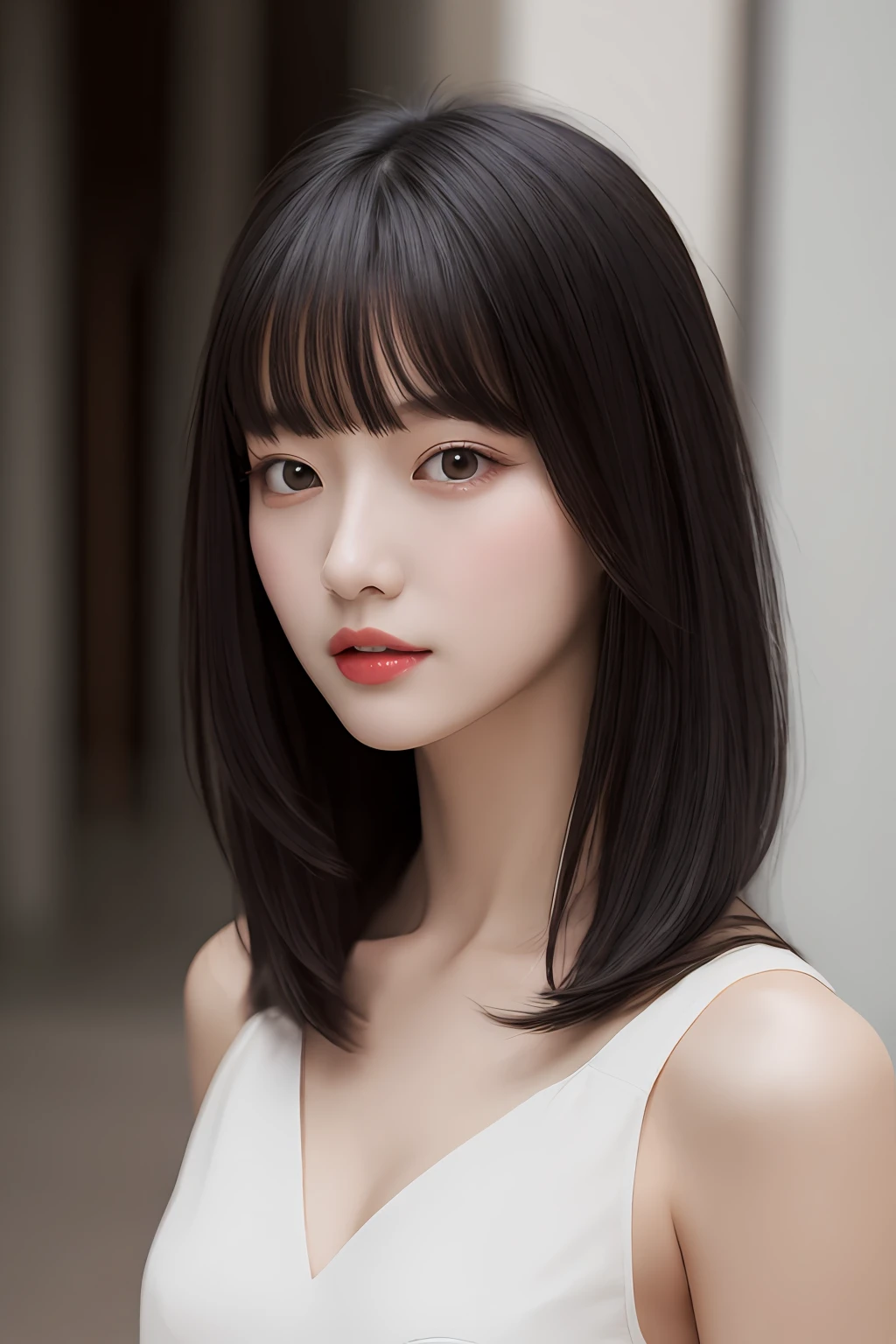 best quality, ultra-detailed, masterpiece, finely detail, highres, 8k wallpaper, Realistic details, clothing details, skin details, photoshop \(medium\),Slim body,1girl, 2, beautiful eyes, real skin, fine face, bangs, long hair, black hair,  blunt bangs, medium breasts, alley, (ulzzang-6500-v1.1:0.5), pencil_dress,