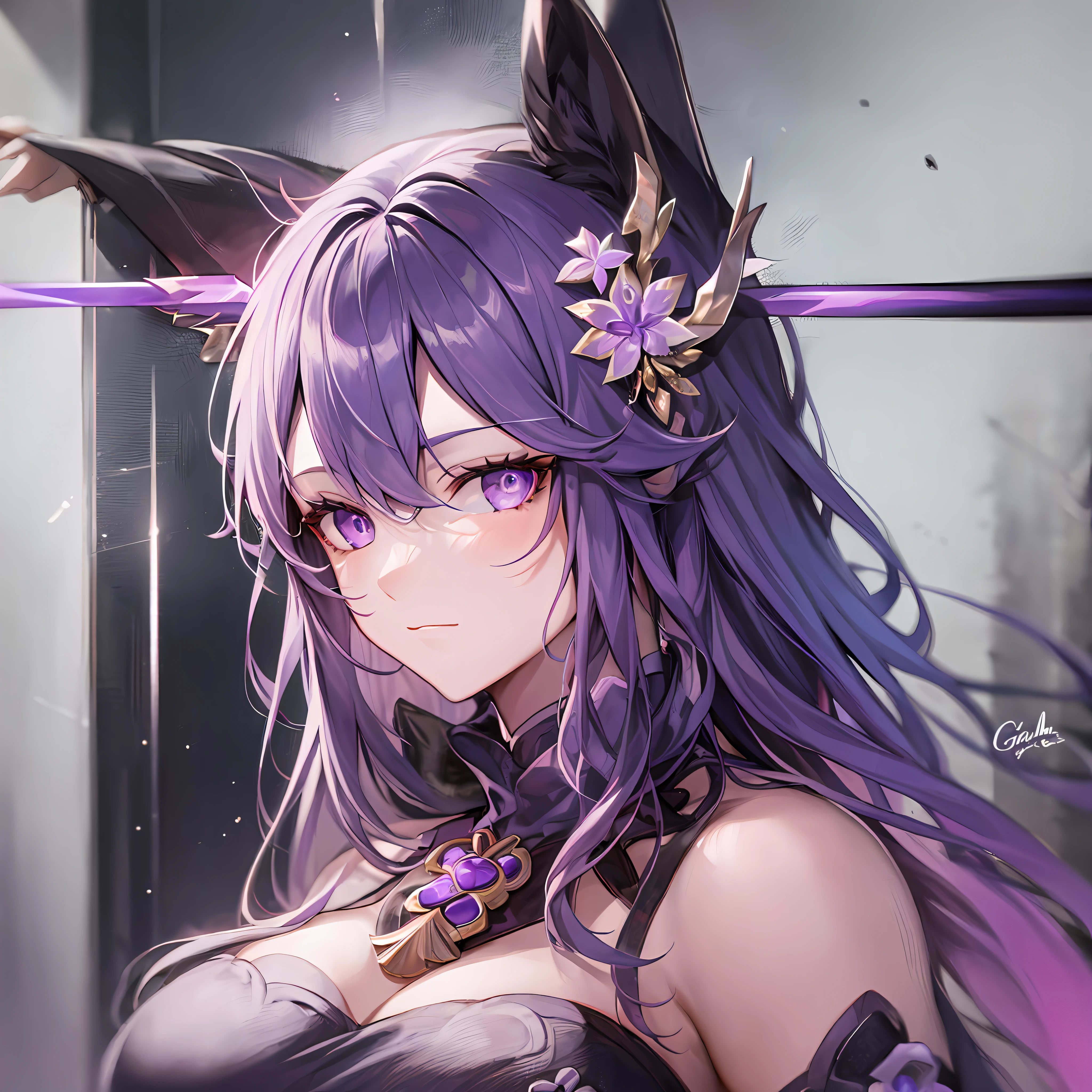 Mast, best quality, 1 girl, eula \ (Genshin Impact), pinkish hair, purple eyes, long hair, headband, hair accessories, looking at the audience, facing viewer, eula signature weapon claymore sword, fox ears bent