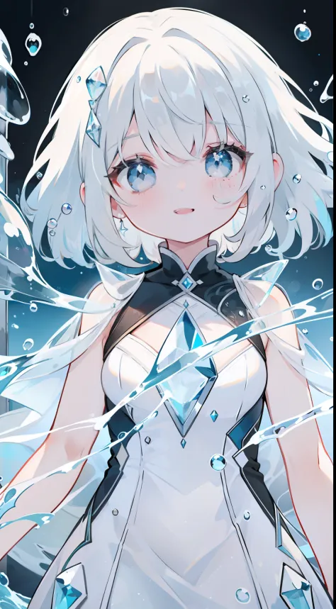 One girl、Black eyes、icy、Cool、White dress、Smile、cute little、transparent haired、Transparent hair、Hair made of water、Eau、water dripping、The drops、icy、Top image quality、top-quality
