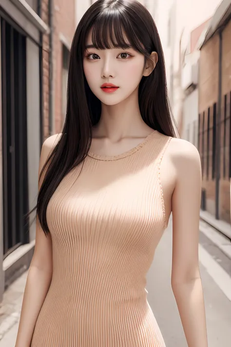 best quality, ultra-detailed, masterpiece, finely detail, highres, 8k wallpaper, Realistic details, clothing details, skin details, photoshop \(medium\),Slim body,1girl, 22 years old, beautiful eyes, real skin, fine face, bangs, long hair, black hair,  blu...