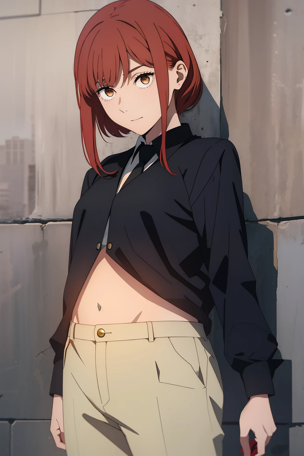 Running away \(chainsaw man\), holding knife, blood rain, 1girl, only, Standing, Red hair, long braided hair, gold eyes, fringe, medium breasts, White shirt, tie, meet, (just:1.2), looking at the viewer, (interview:1.3), dark background, pants, Black pants, The best quality, shiny skin, highest qualityr, high resolution, belly