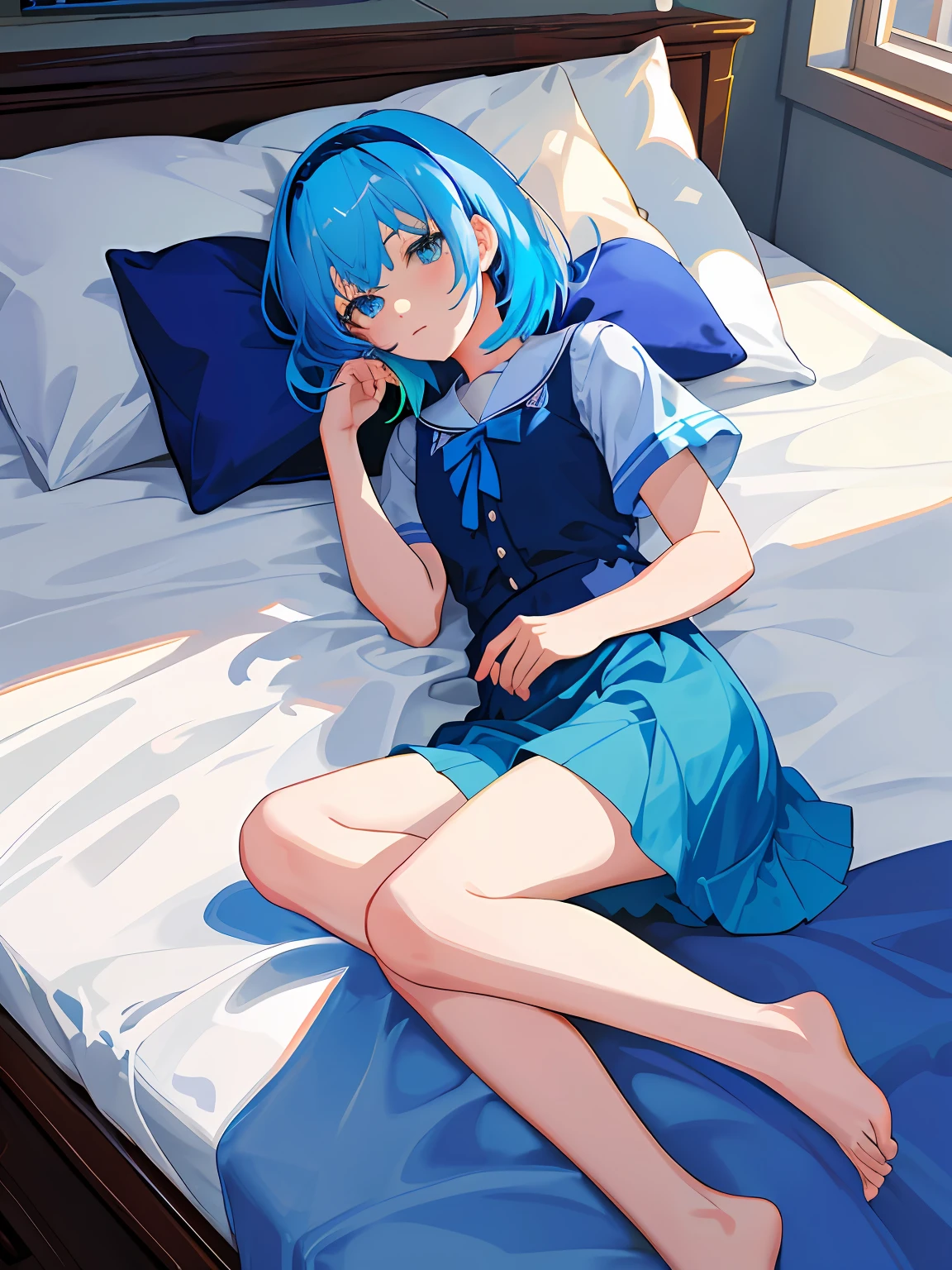 one-girl, Wear blue short sleeves, blue color eyes, Bare legged, on top of the bed, pigment, pillow head, Study desk, janelas, rays of sunshine, multicolored hair, blue hairband, bow hairband, Color Field painting, Tonalism, Impressionism, UHD, masterpiece, ccurate, high details, best quality