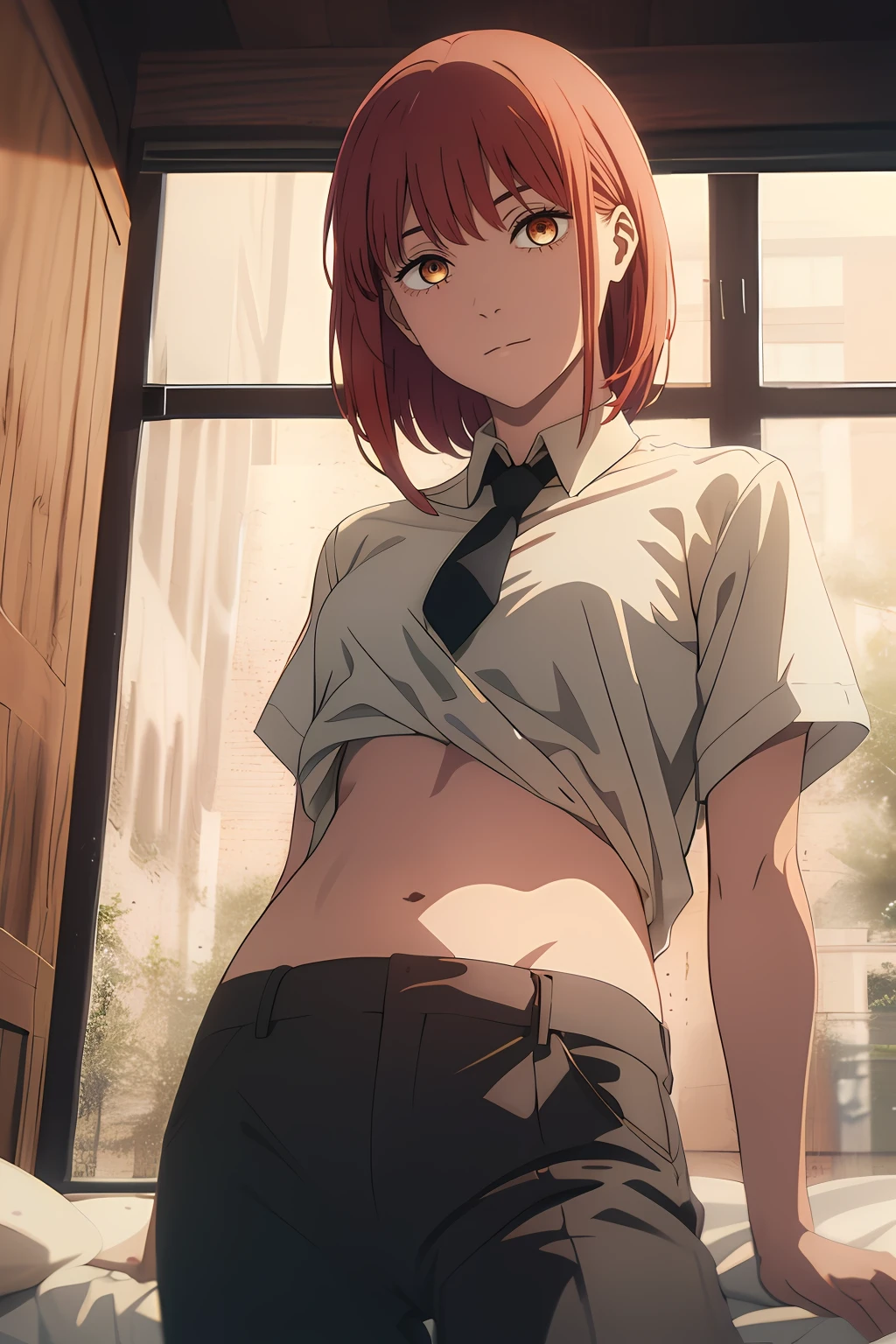 Running away \(chainsaw man\), holding knife, blood rain, 1girl, only, Standing, Red hair, long braided hair, gold eyes, fringe, medium breasts, White shirt, tie, meet, (just:1.2), looking at the viewer, (interview:1.3), dark background, pants, Black pants, The best quality, shiny skin, highest qualityr, high resolution, belly, bed