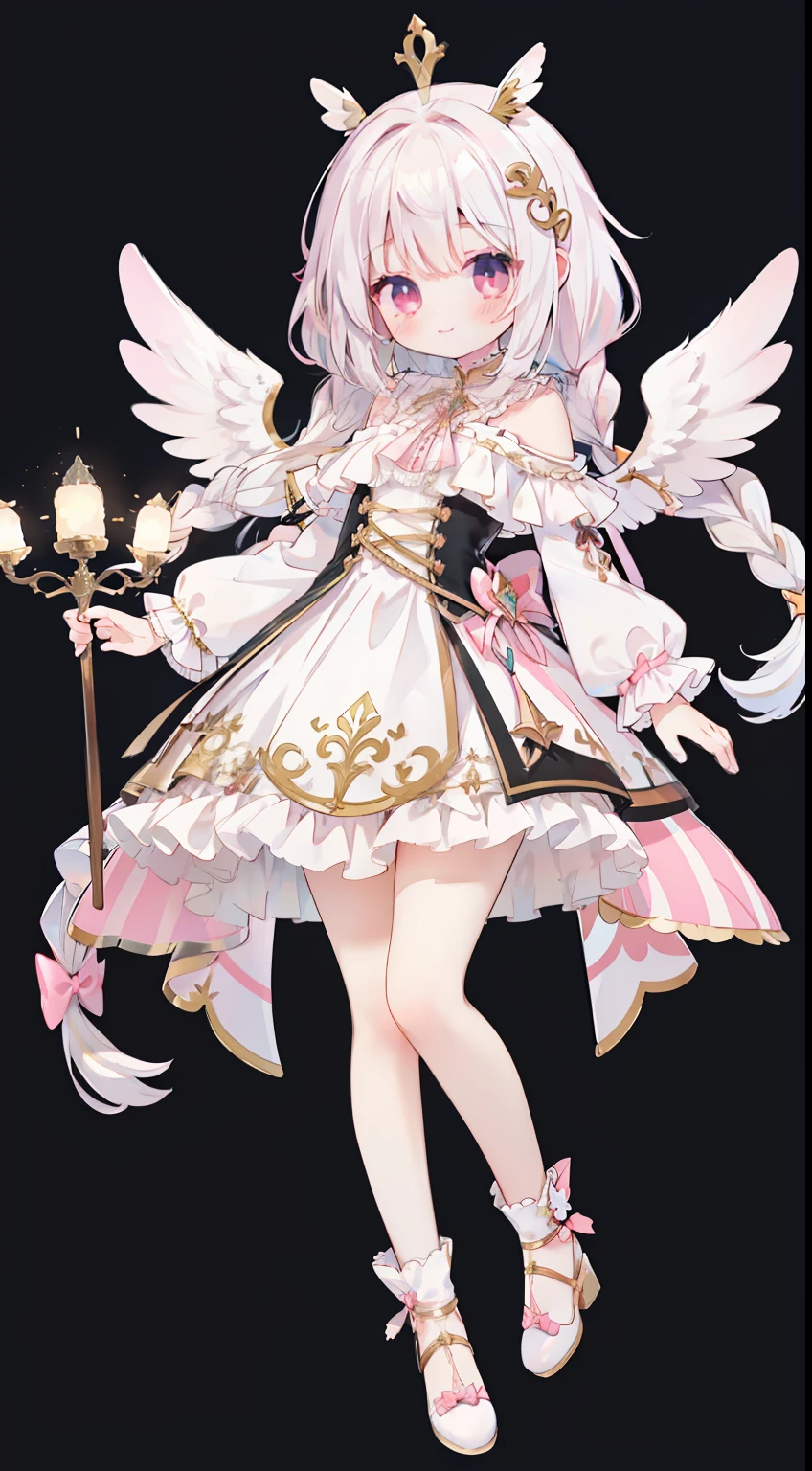 full body Esbian、Standing picture、One girl、Pink eyes、Angel wings、spot light、Angel Dress、Stage frills、Smile、cute little、transparent haired、Transparent hair、white  hair、Braids、Pop angel wings、stick、cute little、Calm、Top image quality、top-quality