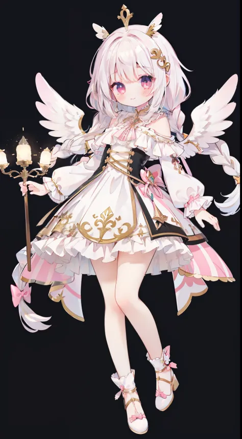 full body Esbian、Standing picture、One girl、Pink eyes、Angel wings、spot light、Angel Dress、Stage frills、Smile、cute little、transpare...