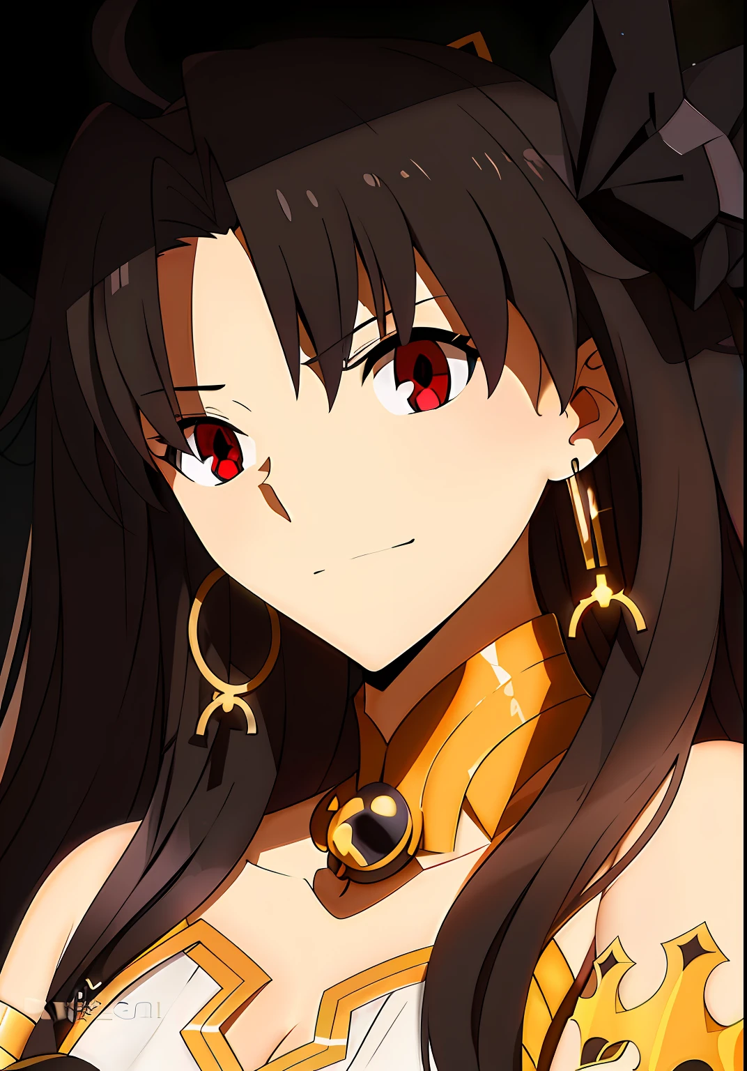 Anime girl with long black hair and red eyes wearing gold jewelry, anime moe art style, tohsaka-rin, close up of a young anime girl, anime style like fate/stay night, Ayaka Genshin impact, female anime character, Anime goddess, black anime pupils in her eyes, roguish smirk, portrait of a female anime hero