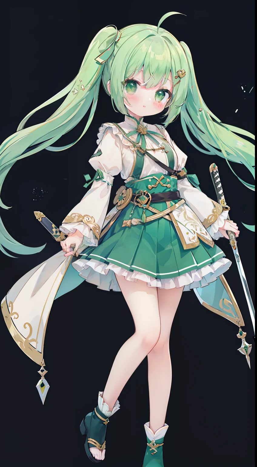 full bodyesbian、Standing Picture、cute background、One Girl、Green hair、low twintails、Double knot、​masterpiece、top-quality、Top image quality、swordsmen、holds a sword、cute little、pleatedskirt、Thief skirt、scabbard、