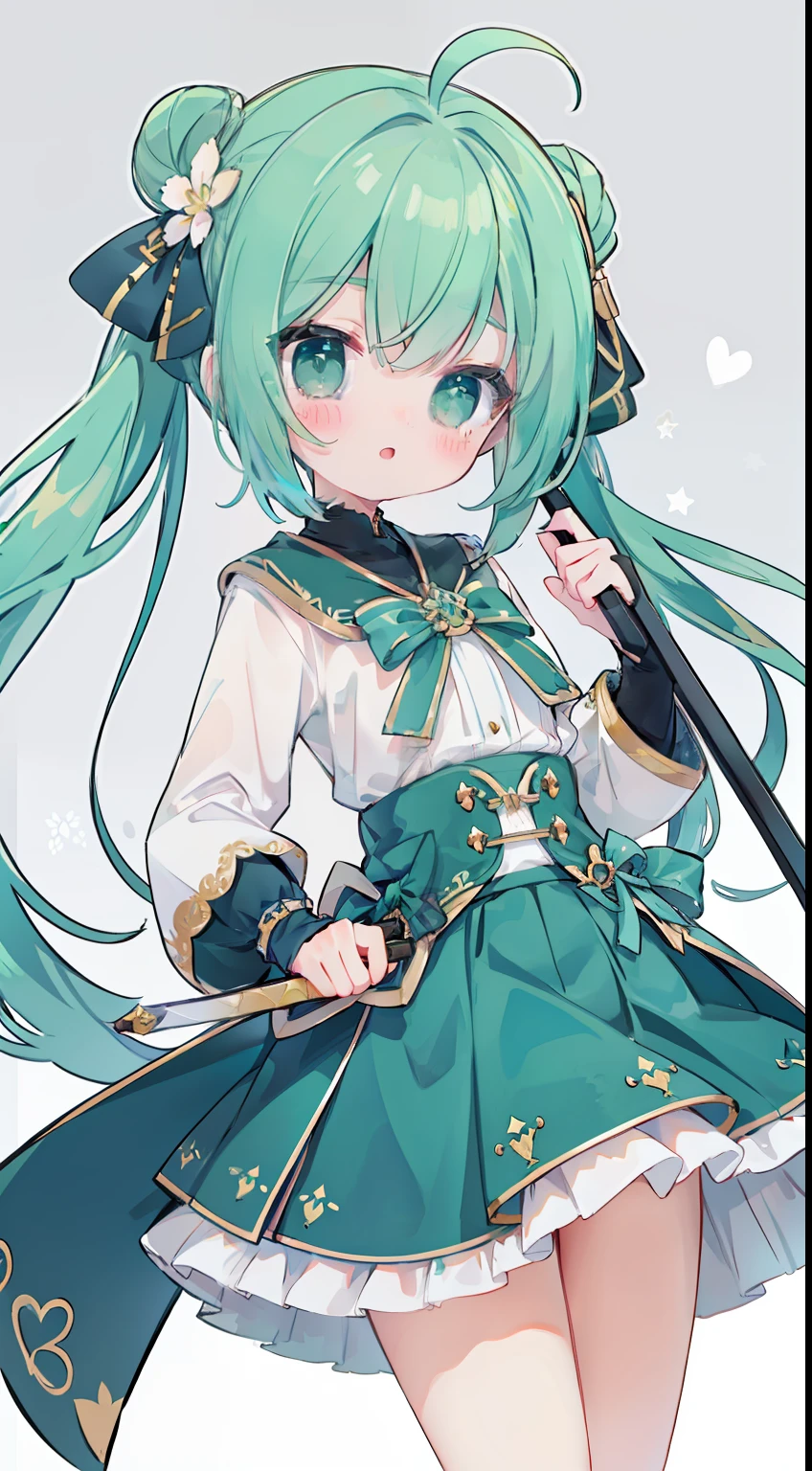 full bodyesbian、Standing Picture、cute background、One Girl、Green hair、low twintails、Double knot、​masterpiece、top-quality、Top image quality、swordsmen、holds a sword、cute little、pleatedskirt、Thief skirt、scabbard、