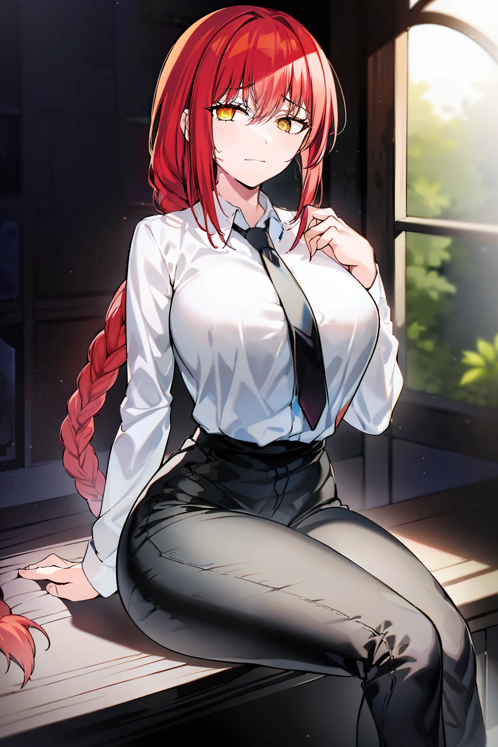 (masterpiece, top quality, best quality, official art, beautiful and aesthetic:1.2),(8k, best quality, masterpiece:1.2), 1woman, mature girl, makima, makimart, (looking at the viewer, full body shot, sitting:1) (red hair, long braid behind back, braid with eye length bangs and two longer bangs that frame face, bright crimson shining hair:1.2), (yellow eyes, ringed pupils, shining yellow eyes, patterned pupils, eerie eyes, glaring eyes, ominous eyes:1.15), [no blush, confident evil smile:1.2], [medium breasts:1.3], [sexy, curvy figure:1], (office clothes, white shirt, black necktie, black pants:1.15), (sitting on table, crossing legs, holding own breast in one hand, feet in frame, full body in frame:1.3) (dark lighting, dim room, glaring eyes, shining eyes:1.4)