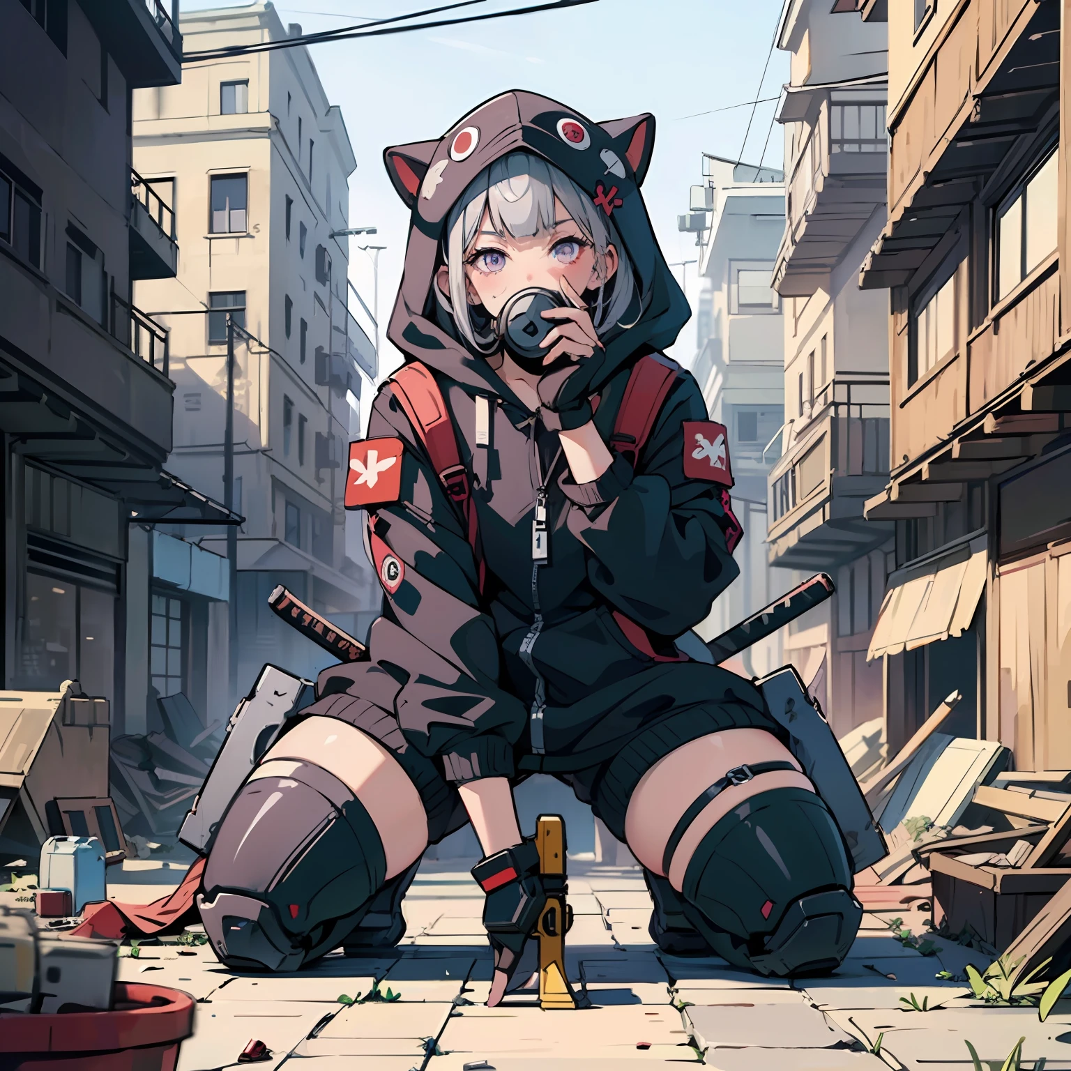 winter, Japanese anime style, armored core, Elongated black robot, 10 forints, Small head, Collapsed building, Cool tall woman, Cute face gray parka, Dynamic Angle, Cute face, millet(Backpack),Gray parka, Cover your face with a hood,Painting name, Rough sketch, Silver hair, Dark skin,Bright golden eyes, Cinematic lighting, Whole body, Plant-covered rubble, flower, The plants of Osaka cover the ruins, Post-apocalypse, 1womanl, Smooth hair, Red parka, Black stockings, The depth of a live masterpiece,High quality,8K,16k,(((armored core)))rugged (fancy dress: 1.2),(Dirt aging mech: 1.4),(rifle: 1.1),(flight, Aviation business: 1.4),(discharge: 1.2),(glowing purple: 1.3),(Explosion: 1.1),(rapid: 1.2),(Top: 1.6),,(demonic appearance: 1.6),(Black armor: 1.6),((Intelligent body type)) (((Perfect face))),((head mounted display))),(hands open forward:1.1),(Hold the left and right levers:1.5),(Leaning on the saddle),Spread legs,Looking down,flight deck,display,indoor,Sci-fi,(full bodyesbian:0.8),Perspective,(high-detailed hands:1.3),absurderes, A high resolution, Ultra detailed, Masterpiece, cel shading, (bold outlines):1.2, Flat colors, Sharp shadows, Graphic style, manga influence, clean linework, ((kawaii girl)), (Loli:1.3), 10years old,(Detailed cute face):1.2,(full bodyesbian:1.5),, Lovely Mido, frill,Lace,frill,Lace,frill,Lace,((Oversized cool chainsaw in hand, extra huge cool weapon machine, Mecha, mechanism, Machine)), open stance, actionpose,White background,Simple background,Wide shot,
Break (He holds a sci-fi katana in his right hand: 1.6)