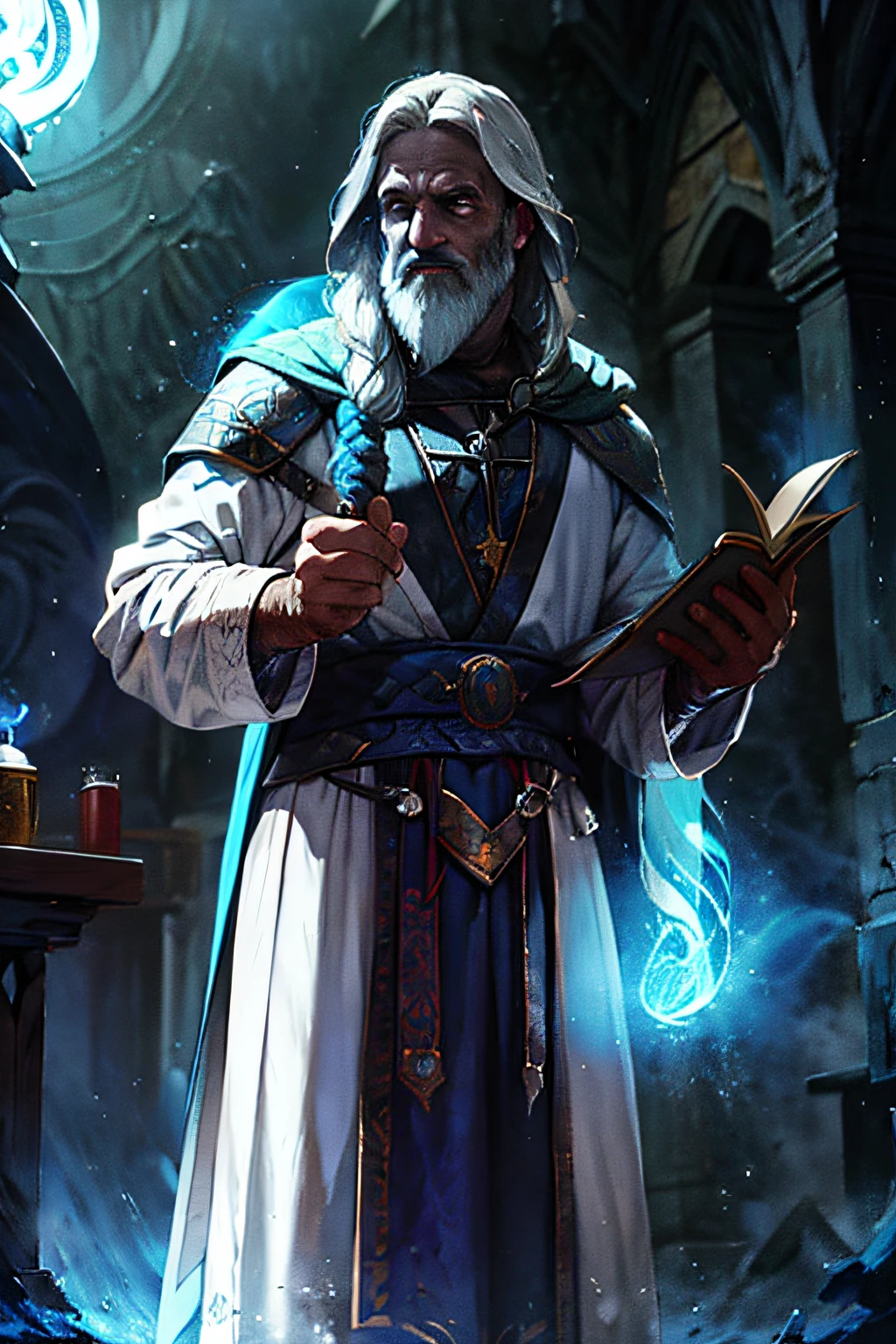 1boy,  Old Mage Maligine Villain Conjuring Spell, White hair, barba, white tabard, personal, crow, tempest, realisitic