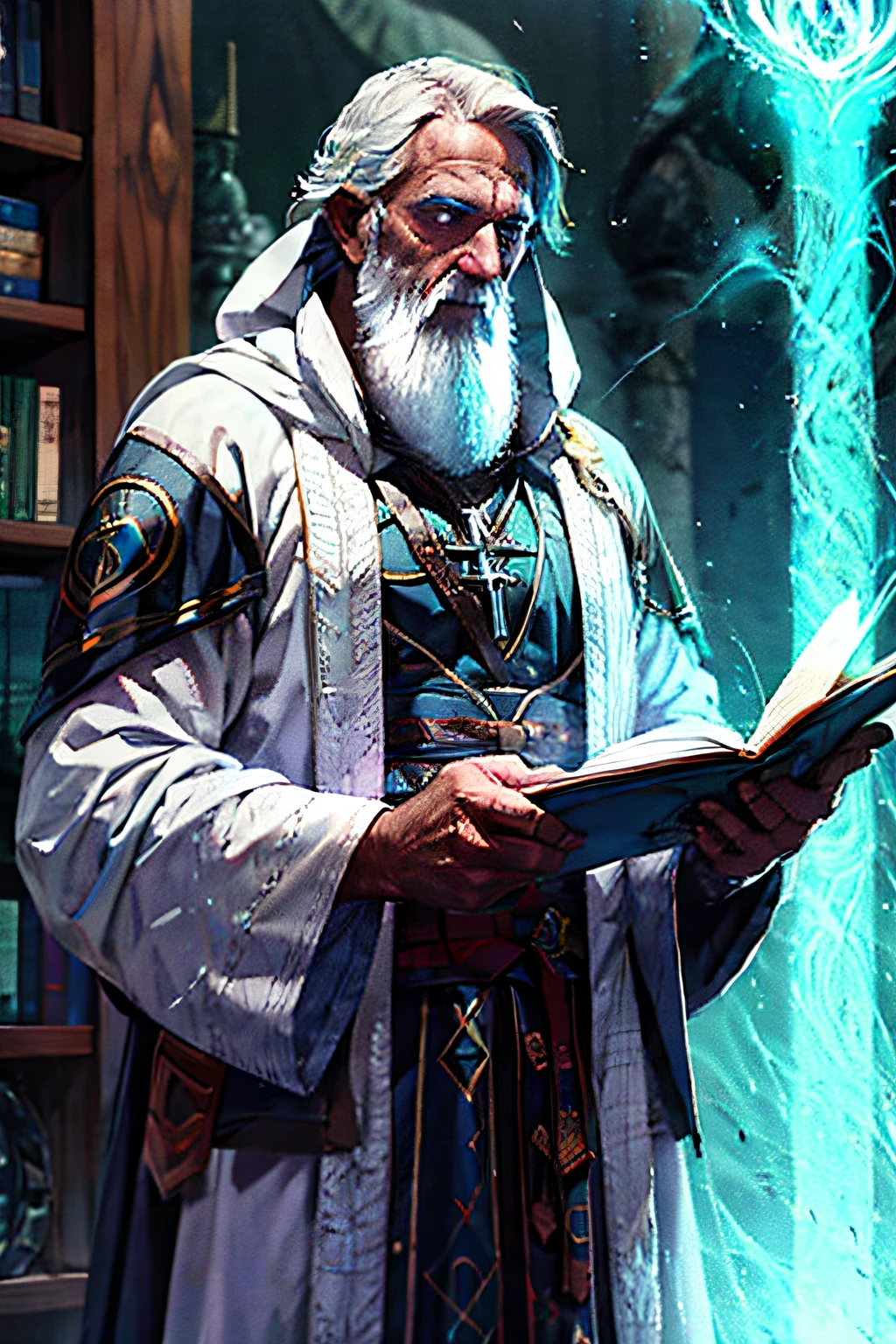 1boy,  Old Mage Maligine Villain Conjuring Spell, White hair, barba, white tabard, personal, crow, tempest, realisitic