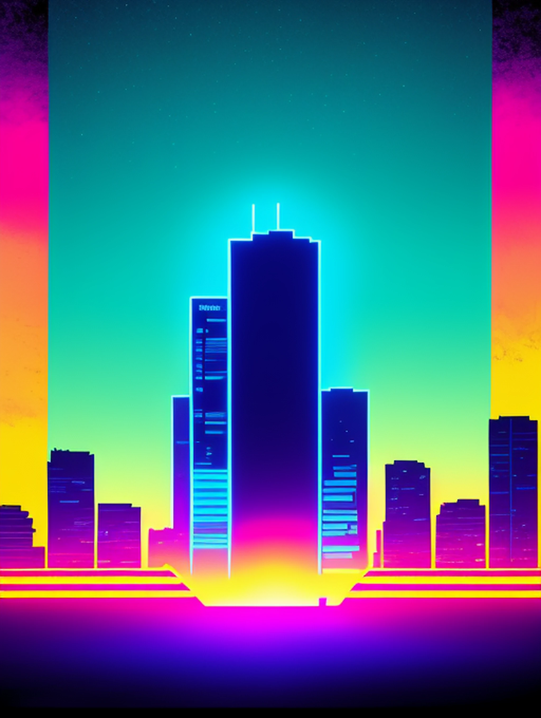 1 fille, vectorisé, synthwave, violet bleu rouge orange, couleurs néon vives sur fond sombre avec des bâtiments